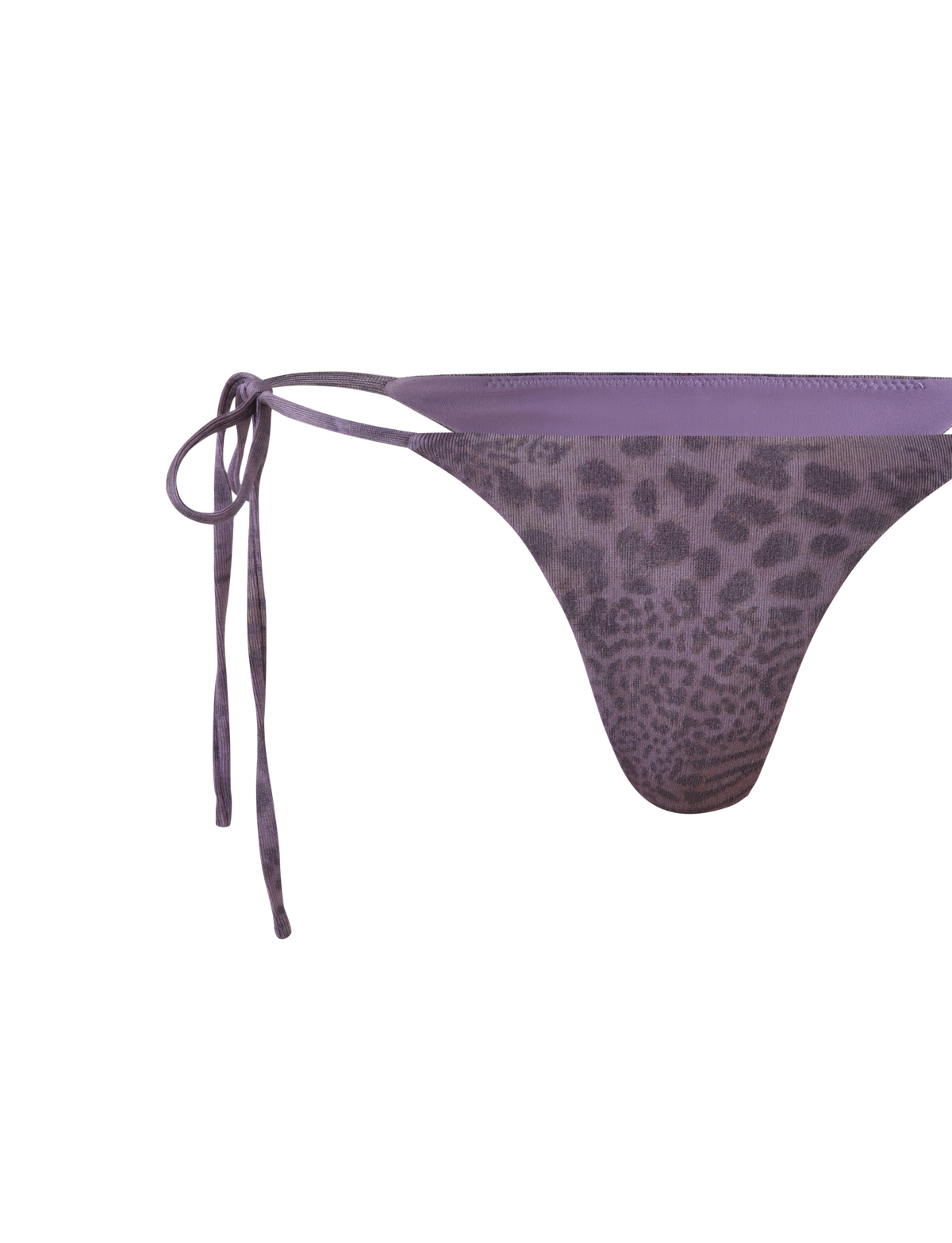 The TIGERMIST JESSALYN BIKINI BOTTOM - PURPLE TIGER features a purple animal print with sparkle, adjustable side ties, and cheeky minimal coverage, displayed against a white background.