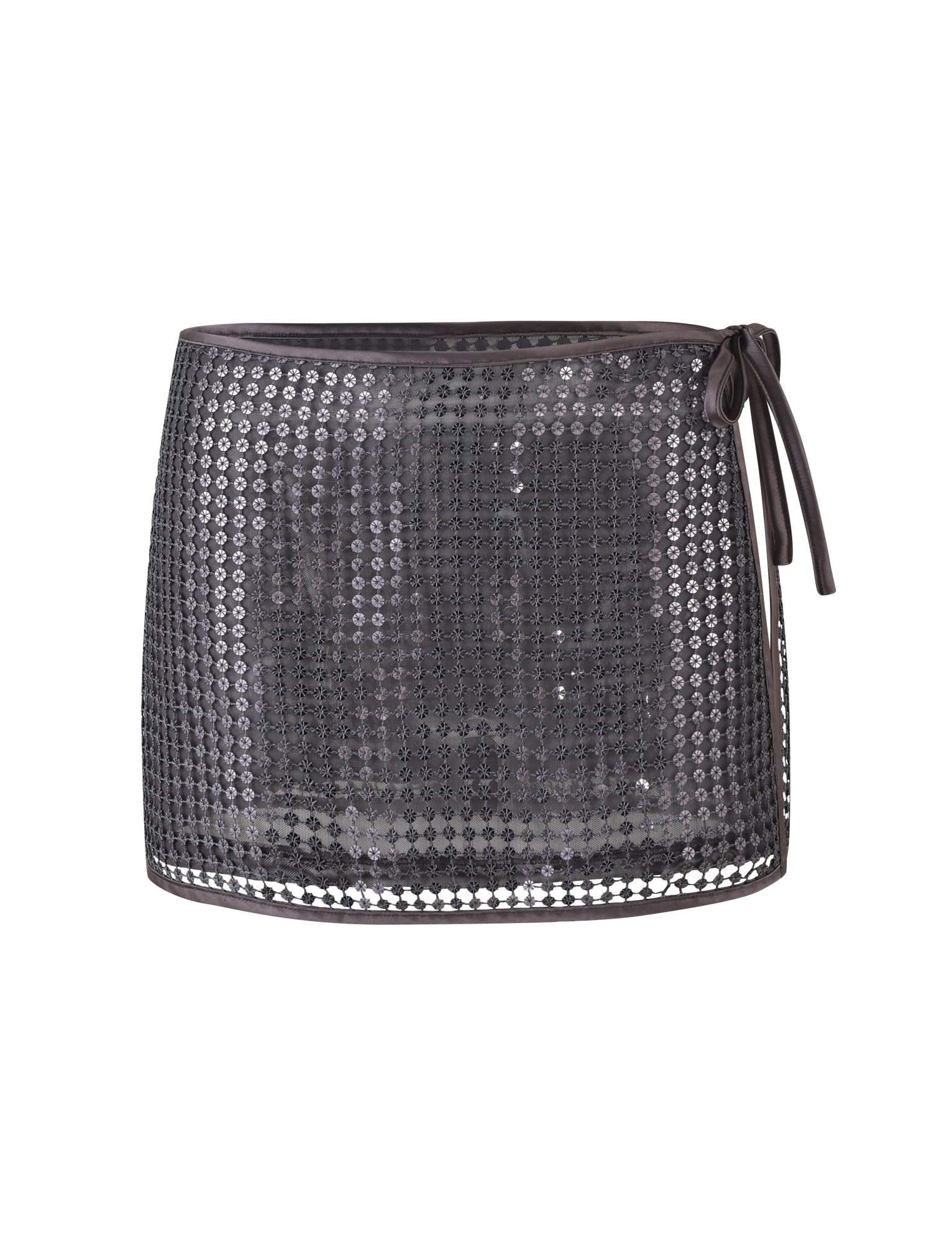 The VERENA MINI SKIRT by TIGERMIST is a steel grey, low-rise mini skirt in black mesh with shiny round sequin details and a side tie waist.