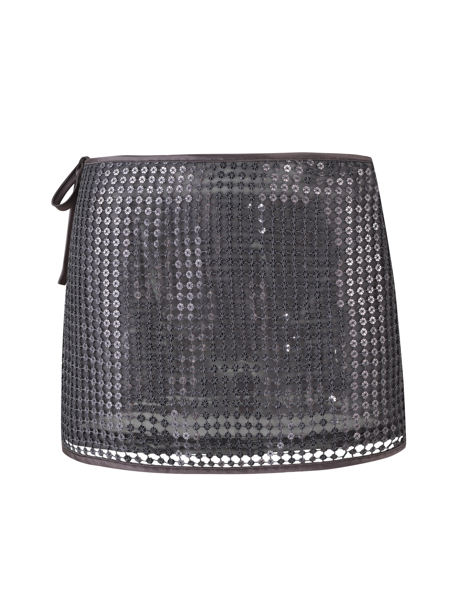 The VERENA MINI SKIRT by TIGERMIST is a steel grey mini skirt with a low rise waist, grid-patterned sequins, and a side tie at the waistband.