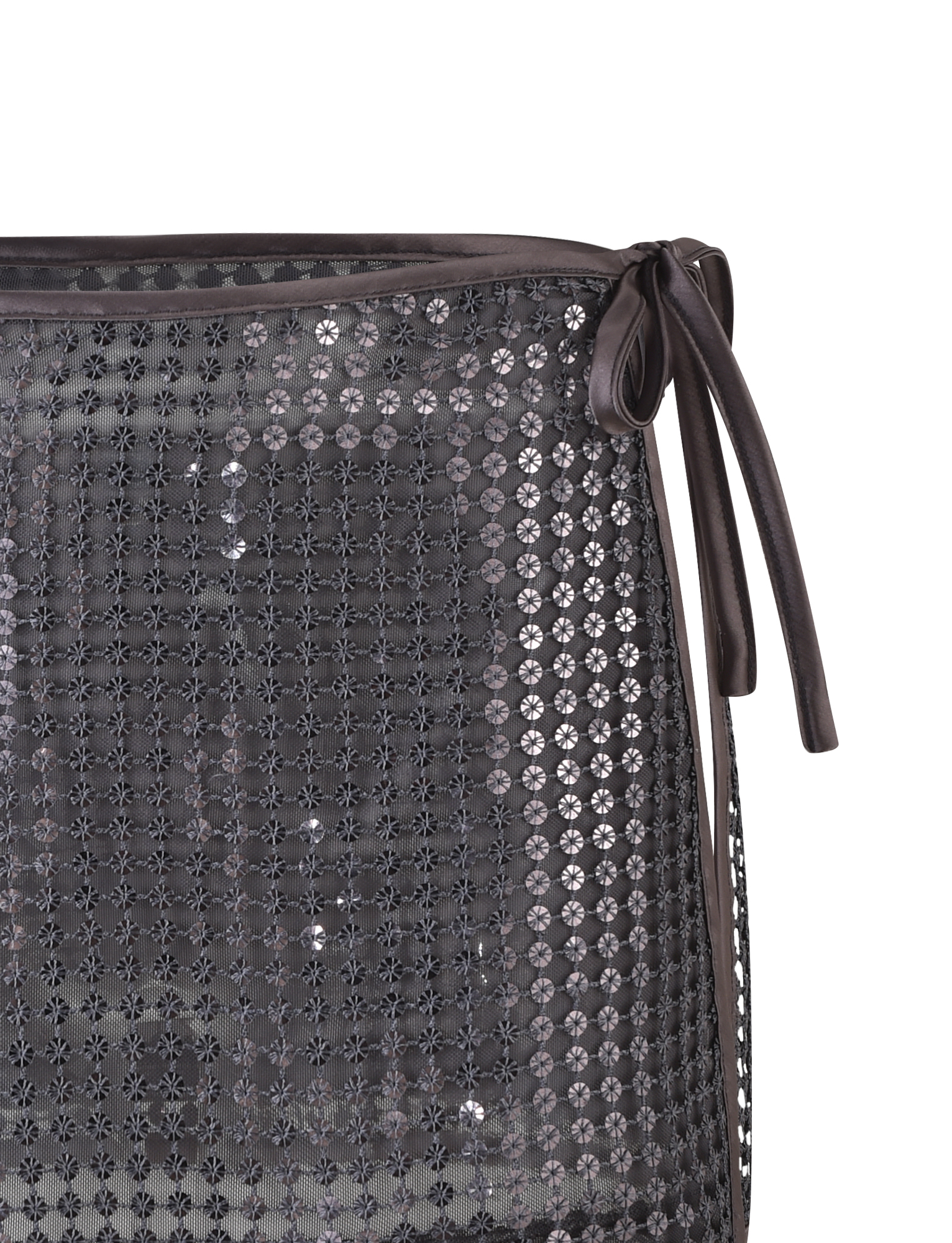 Close-up of the TIGERMIST VERENA MINI SKIRT in steel grey, featuring a dark, shiny sequined grid pattern with sequin details and a tied ribbon on the right side.