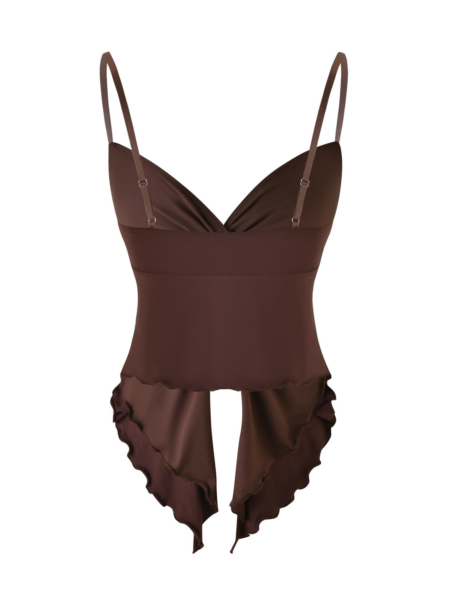 The JOVIENNE TOP - BROWN : CHOCOLATE by TIGERMIST is a chocolate brown jersey bodysuit featuring adjustable straps, a fitted waist, twist front detail, and ruffled high-cut leg openings.