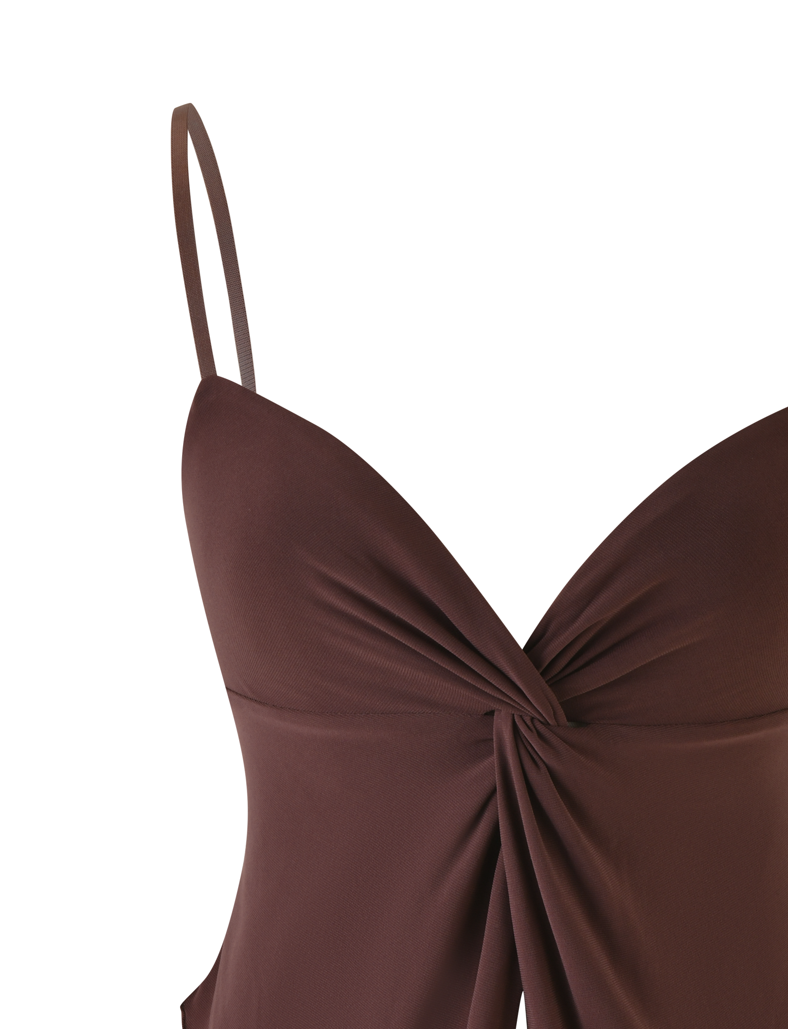 A close-up of the TIGERMIST JOVIENNE TOP - BROWN : CHOCOLATE, featuring adjustable shoulder straps and a gathered twist front detail on a chocolate brown jersey camisole.