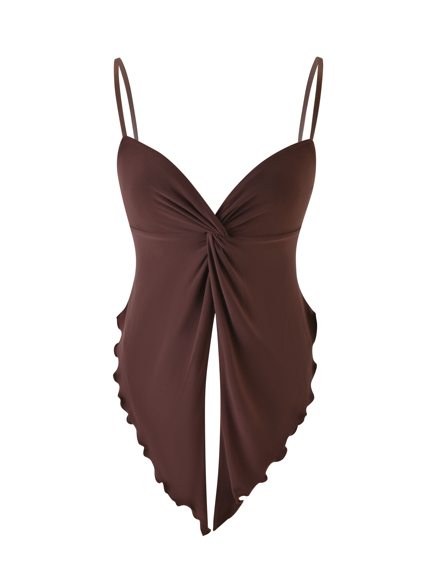 The JOVIENNE TOP - BROWN : CHOCOLATE by TIGERMIST is a chocolate brown jersey camisole with a twist-front detail, thin adjustable straps, and a handkerchief-style pointed hem.