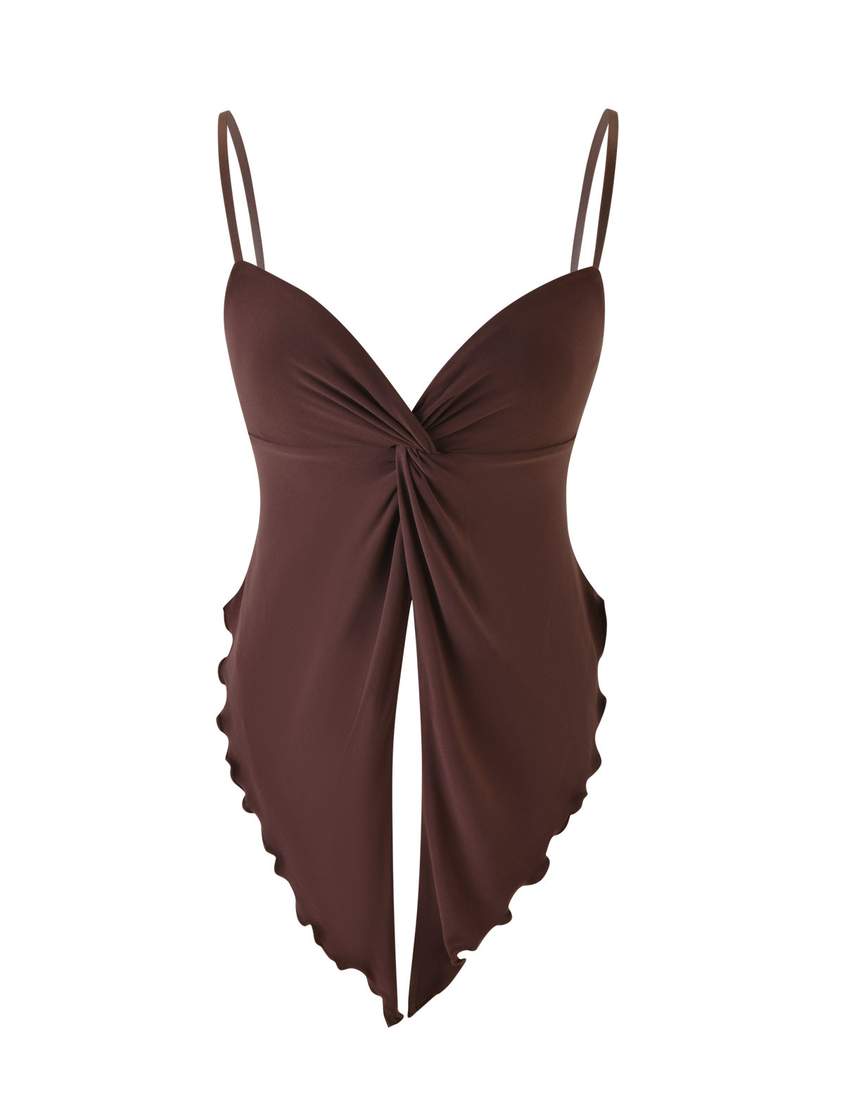 The JOVIENNE TOP - BROWN : CHOCOLATE by TIGERMIST is a chocolate brown jersey camisole with a twist-front detail, thin adjustable straps, and a handkerchief-style pointed hem.