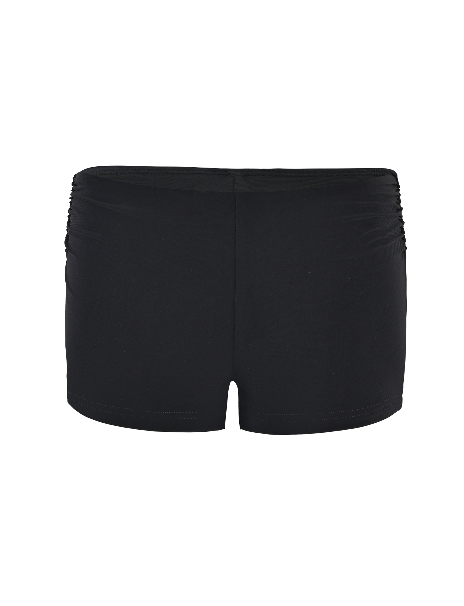 The JOVIENNE SHORT - BLACK by TIGERMIST features a fitted design, smooth mid-rise waist, and subtle side ruching, shown against a white background.