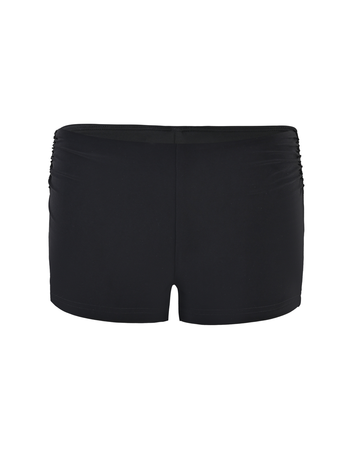 The JOVIENNE SHORT - BLACK by TIGERMIST features a fitted design, smooth mid-rise waist, and subtle side ruching, shown against a white background.