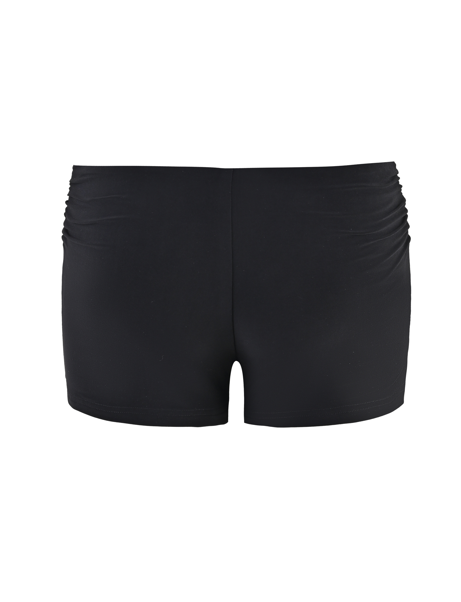 The JOVIENNE SHORT - BLACK by TIGERMIST features a mid-rise waist, subtle side ruching, and a fitted silhouette in smooth, stretchy fabric—perfect for athletic or casual wear. Shown from the back.