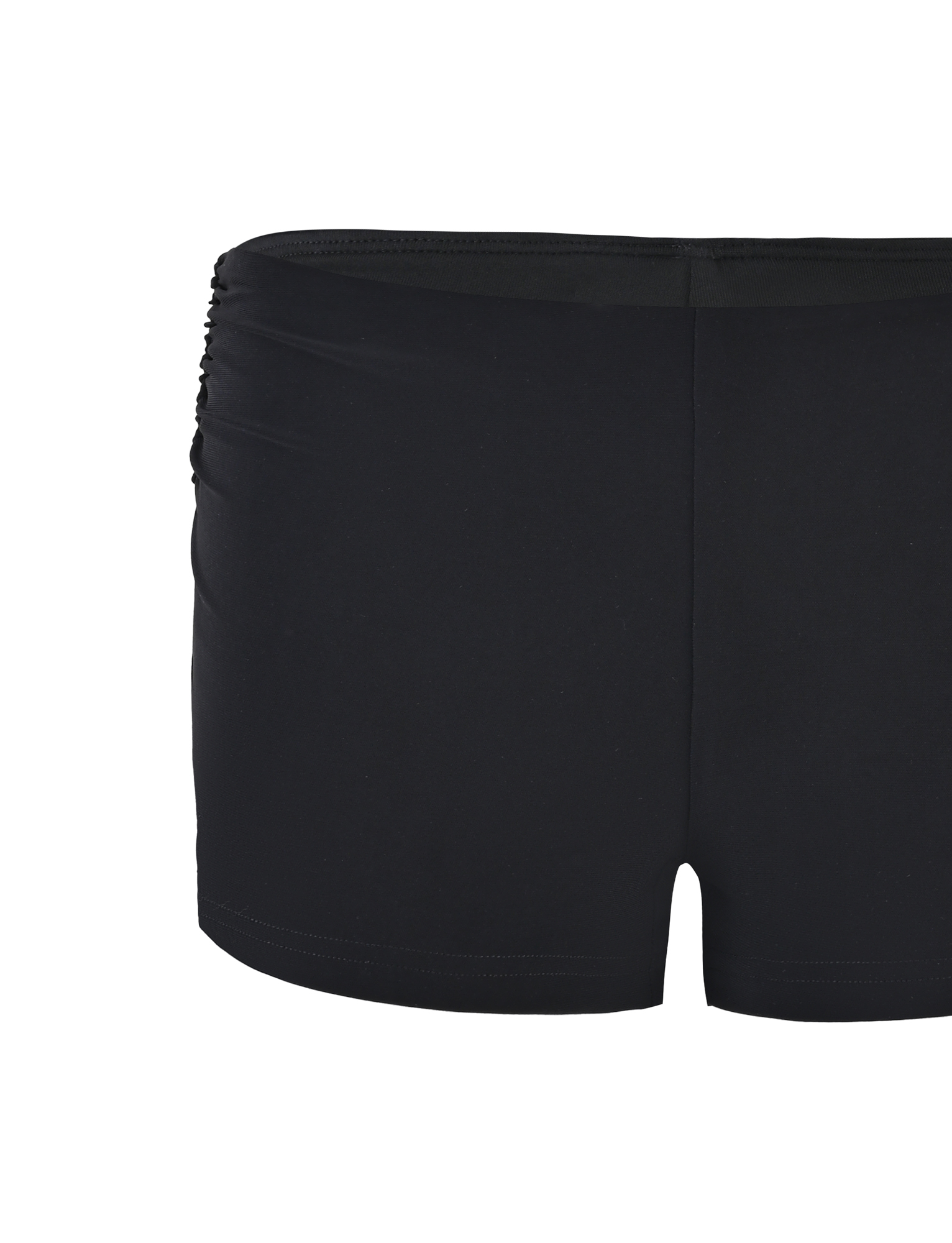 The TIGERMIST JOVIENNE SHORT - BLACK features a mid-rise waist and subtle ruched detailing on the left side, shown against a white background.
