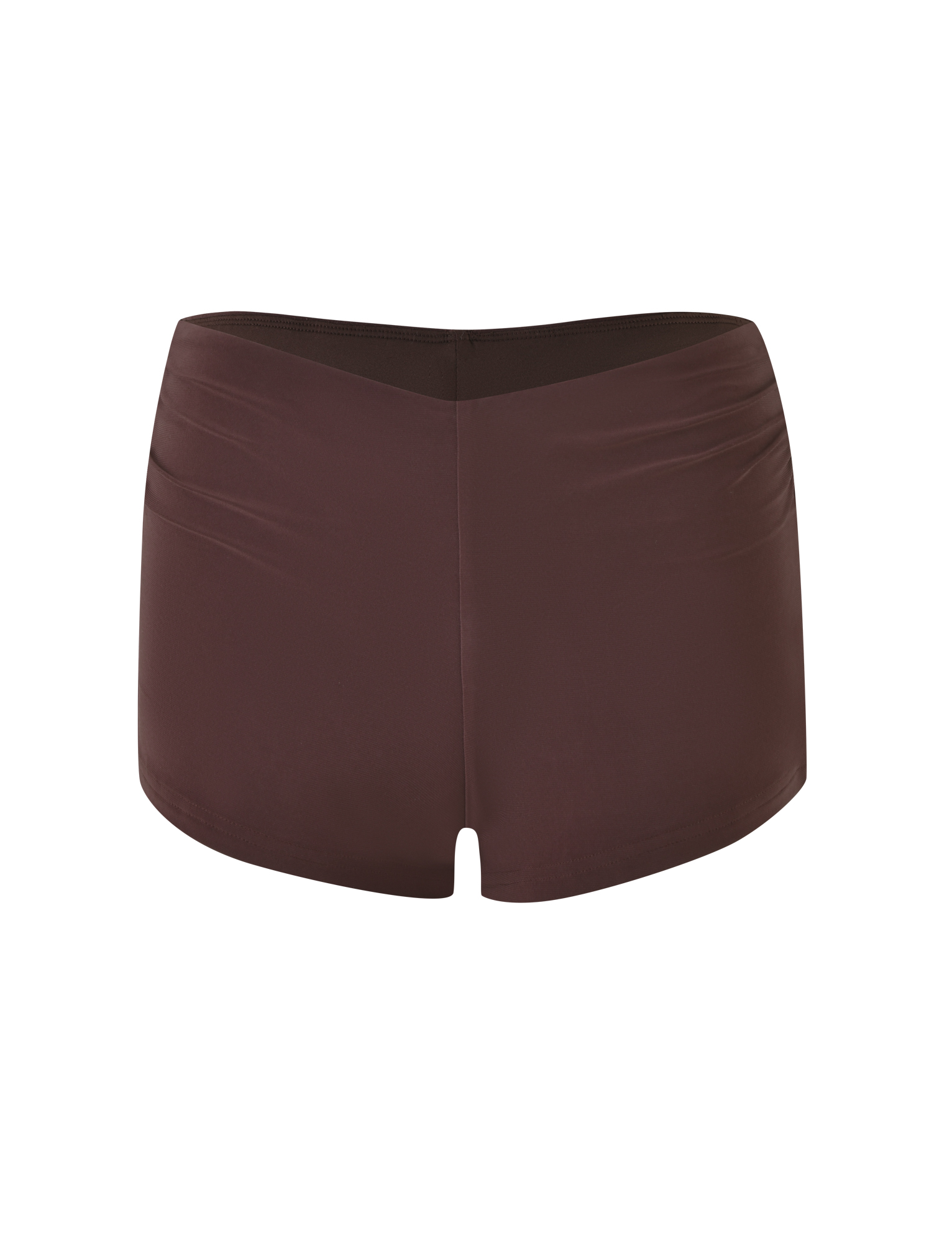 The JOVIENNE SHORT - BROWN : CHOCOLATE by TIGERMIST features chocolate brown jersey fabric, a micro mini cut, subtle seam details, and a fitted silhouette, shown against a plain white background.
