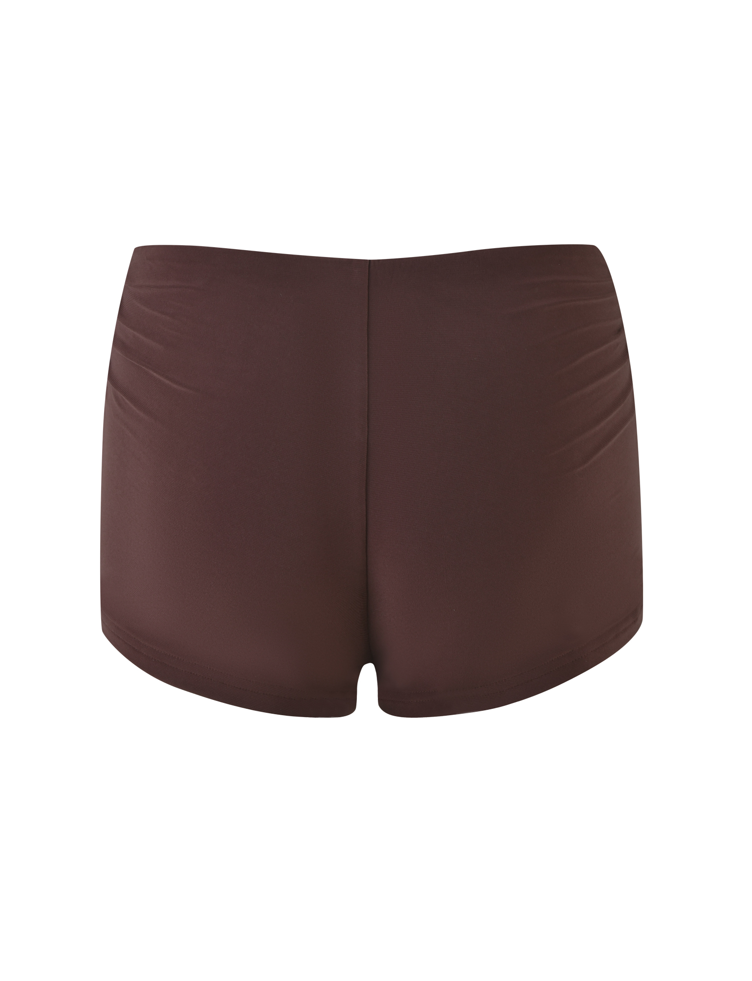 The JOVIENNE SHORT - BROWN: CHOCOLATE by TIGERMIST features chocolate brown jersey swim shorts with a mid-rise waist, smooth fabric, and subtle side ruching, shown from the back against a white background.
