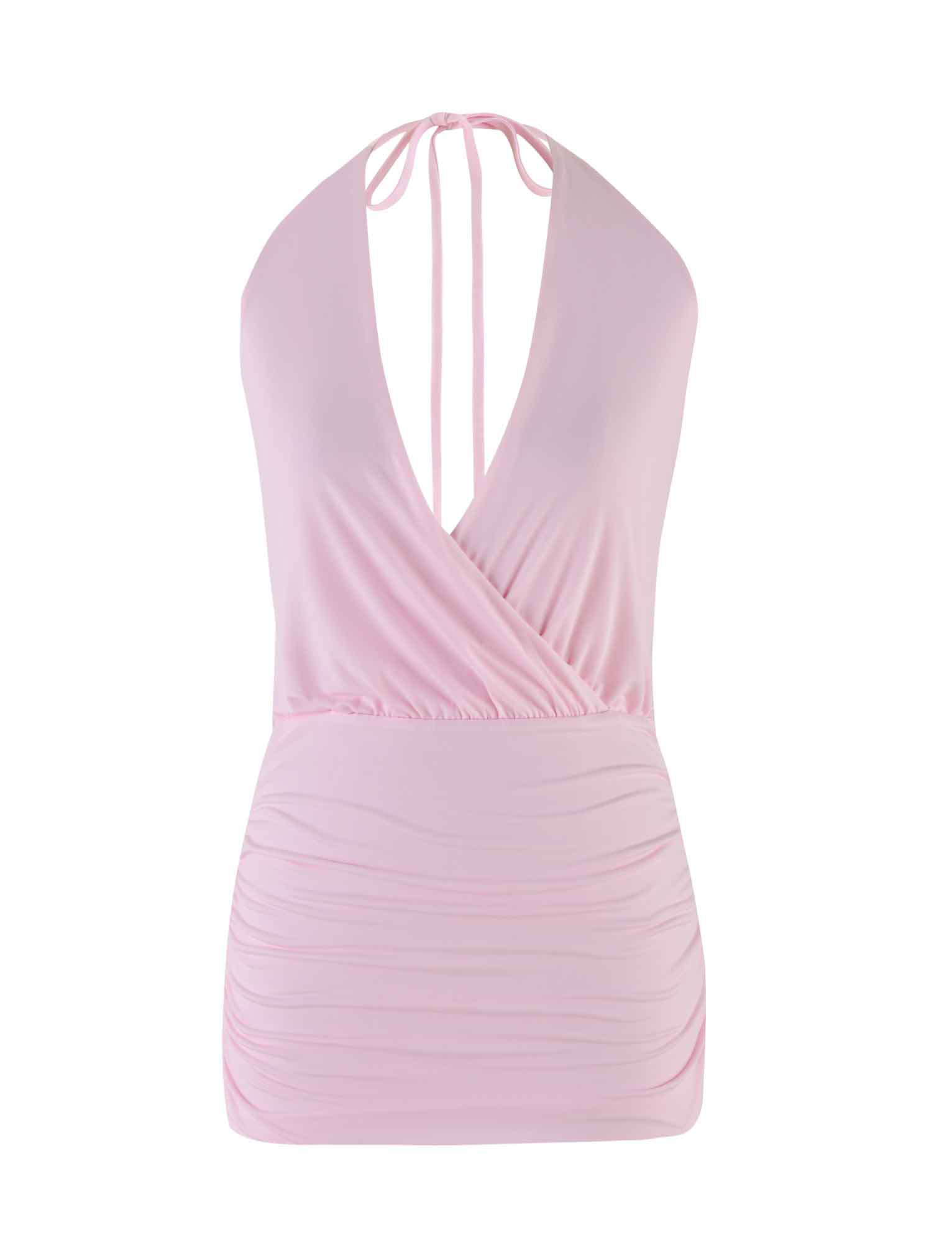 Turn heads in the TIGERMIST ANABELLE MINI DRESS in baby pink—a chic sleeveless dress featuring a plunging neckline, wrap-style front, ruched waist, and thin neck ties for the perfect party look.