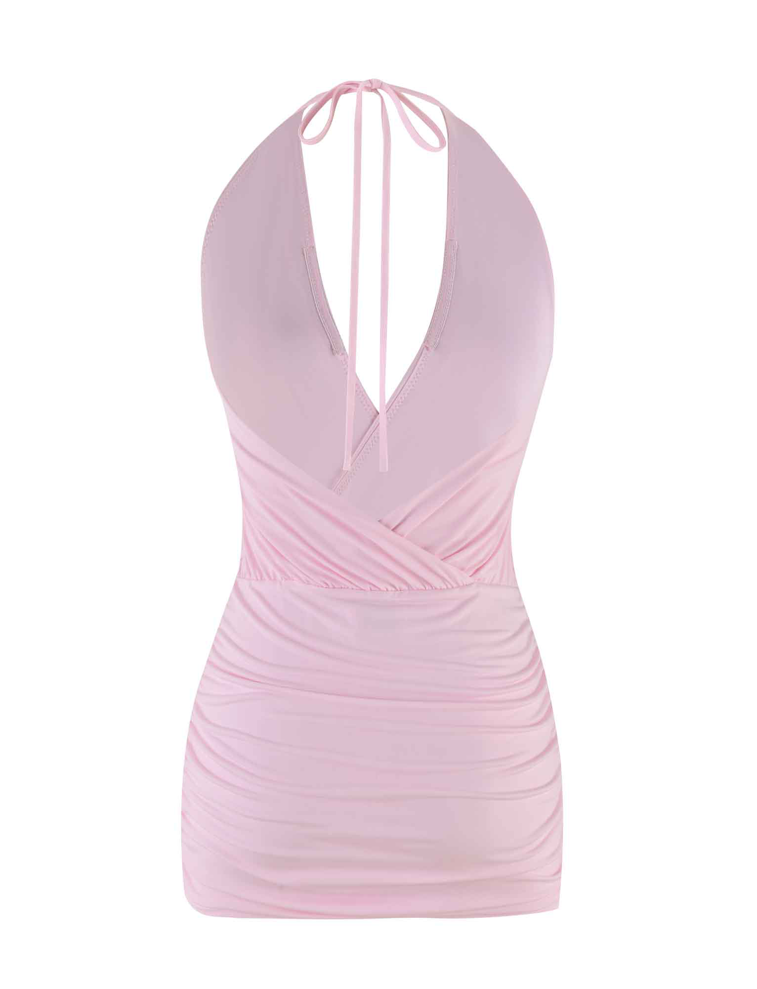 The ANABELLE MINI DRESS in baby pink by TIGERMIST features a halter neck, deep V neckline, ruched sides, and a wrap-style waist. It’s shown against a plain white background.
