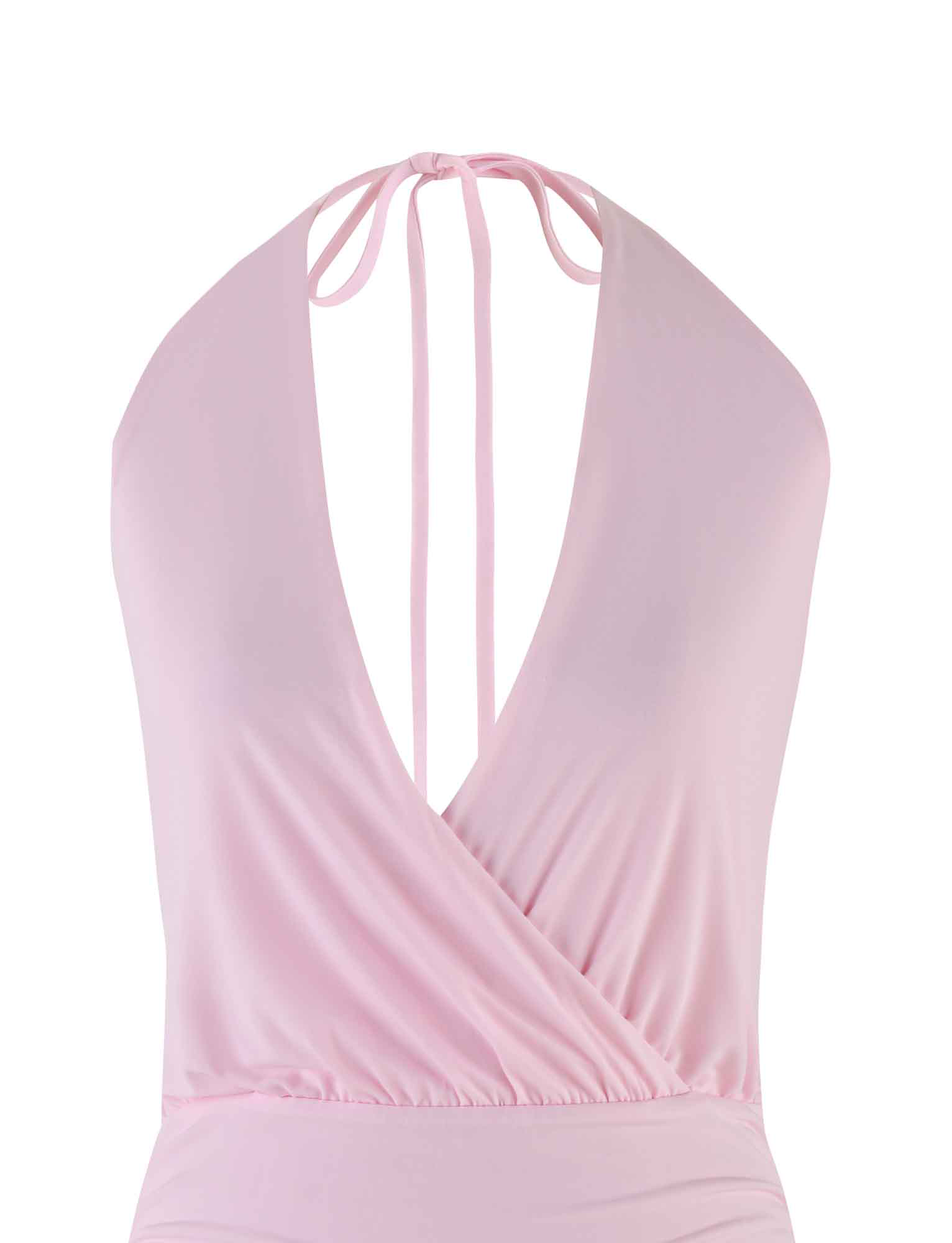 The TIGERMIST ANABELLE MINI DRESS in baby pink features a halter neck, deep V-neckline, wrap-style front, and adjustable tie at the back for a flattering fit.
