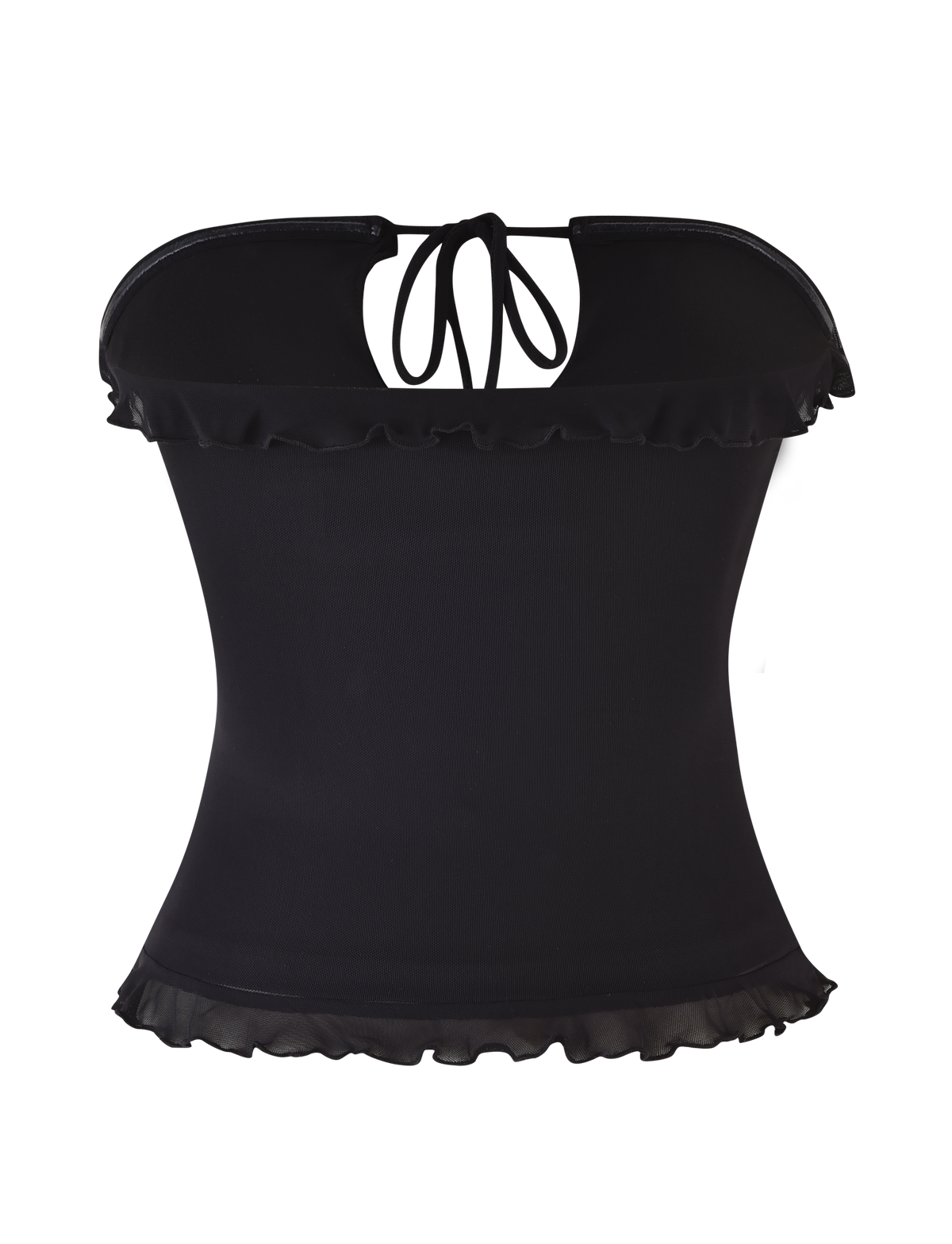 The SIERA TOP - BLACK by TIGERMIST is a strapless, bodycon-fit top with ruffled trim on the edges and a thin back-neck tie for a chic, flattering look.