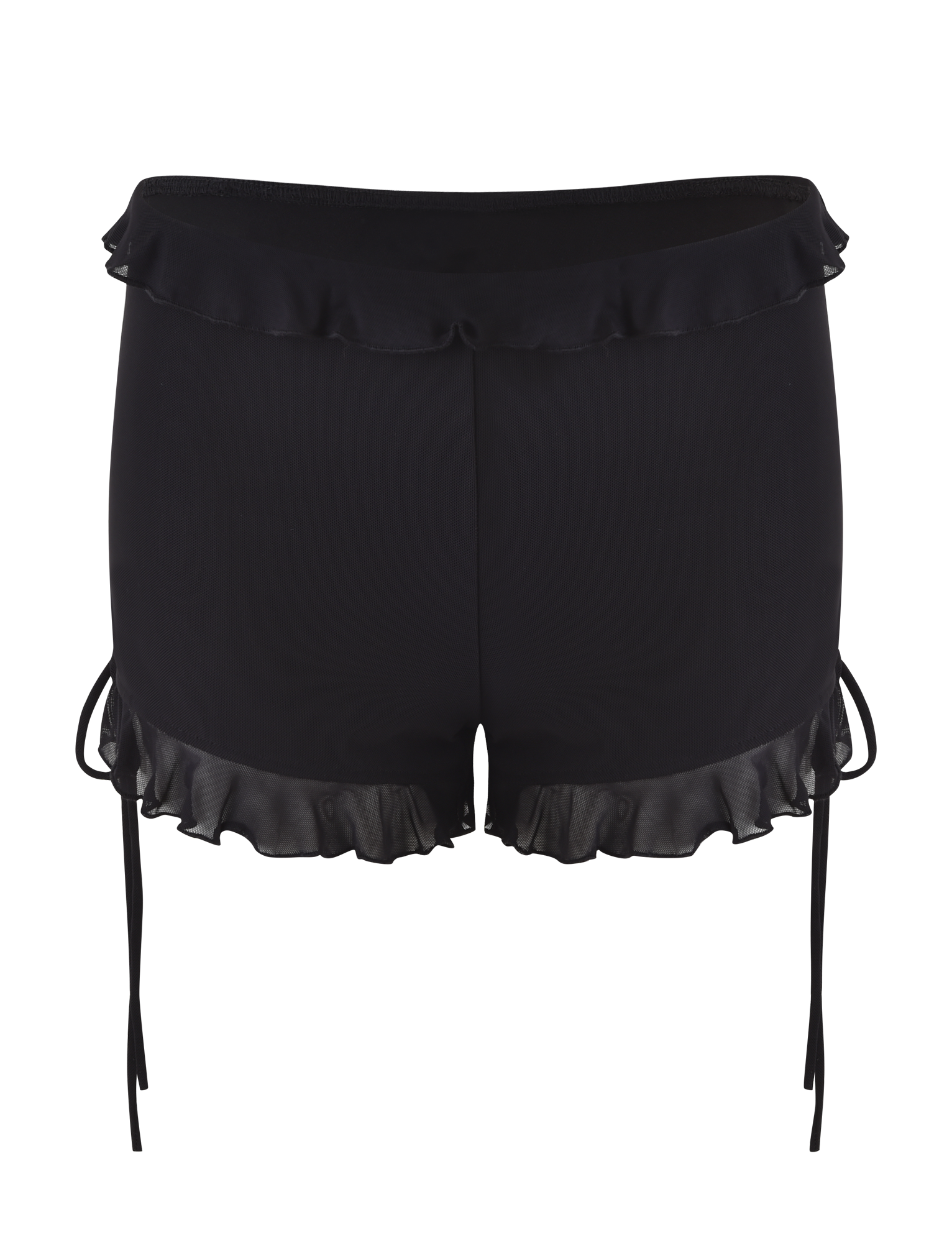 The SIERA SHORT - BLACK by TIGERMIST features a bodycon fit, satin-like finish, short hemline, decorative ruffles at the waistband and leg openings, and thin ribbon side ties.