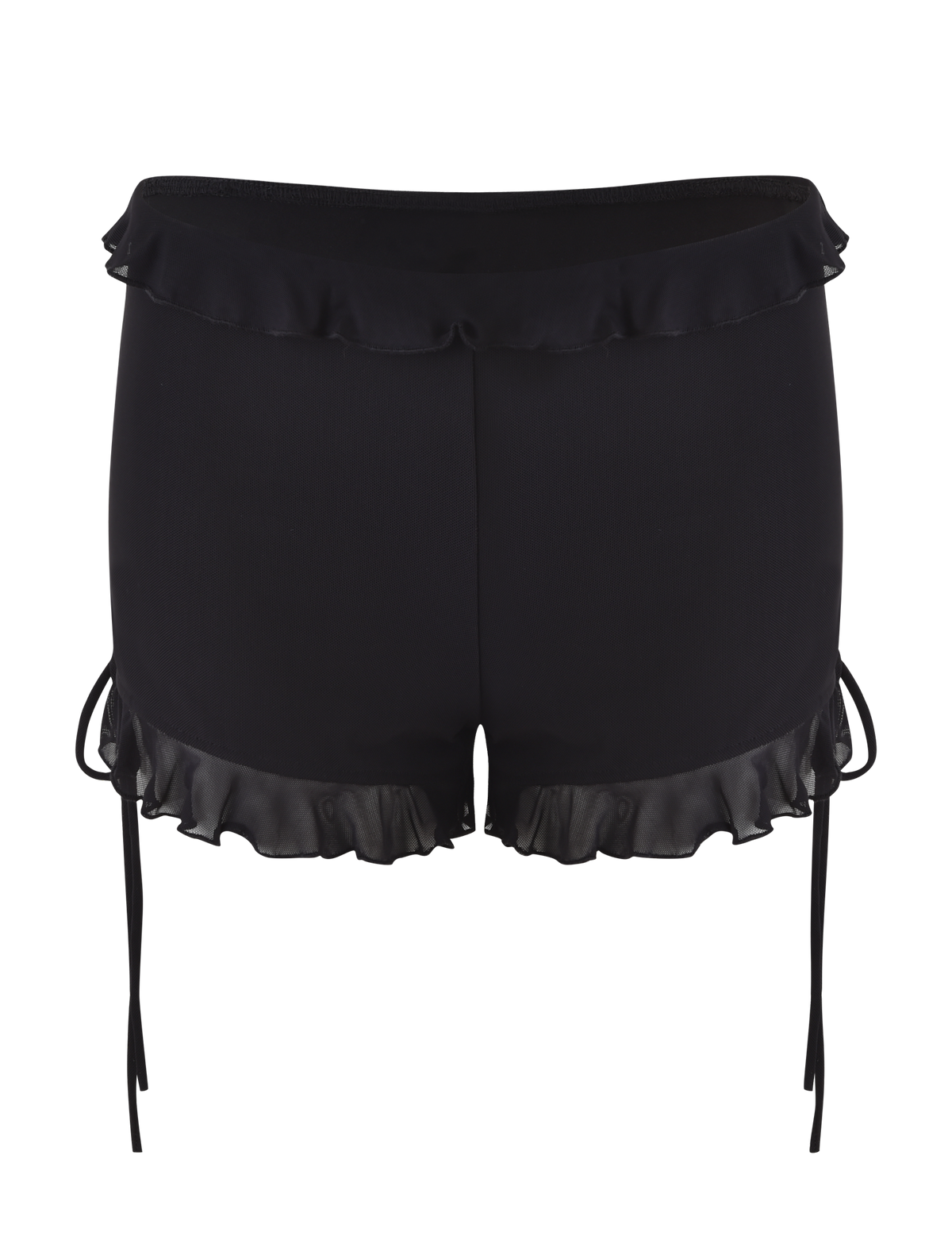The SIERA SHORT - BLACK by TIGERMIST features a bodycon fit, satin-like finish, short hemline, decorative ruffles at the waistband and leg openings, and thin ribbon side ties.