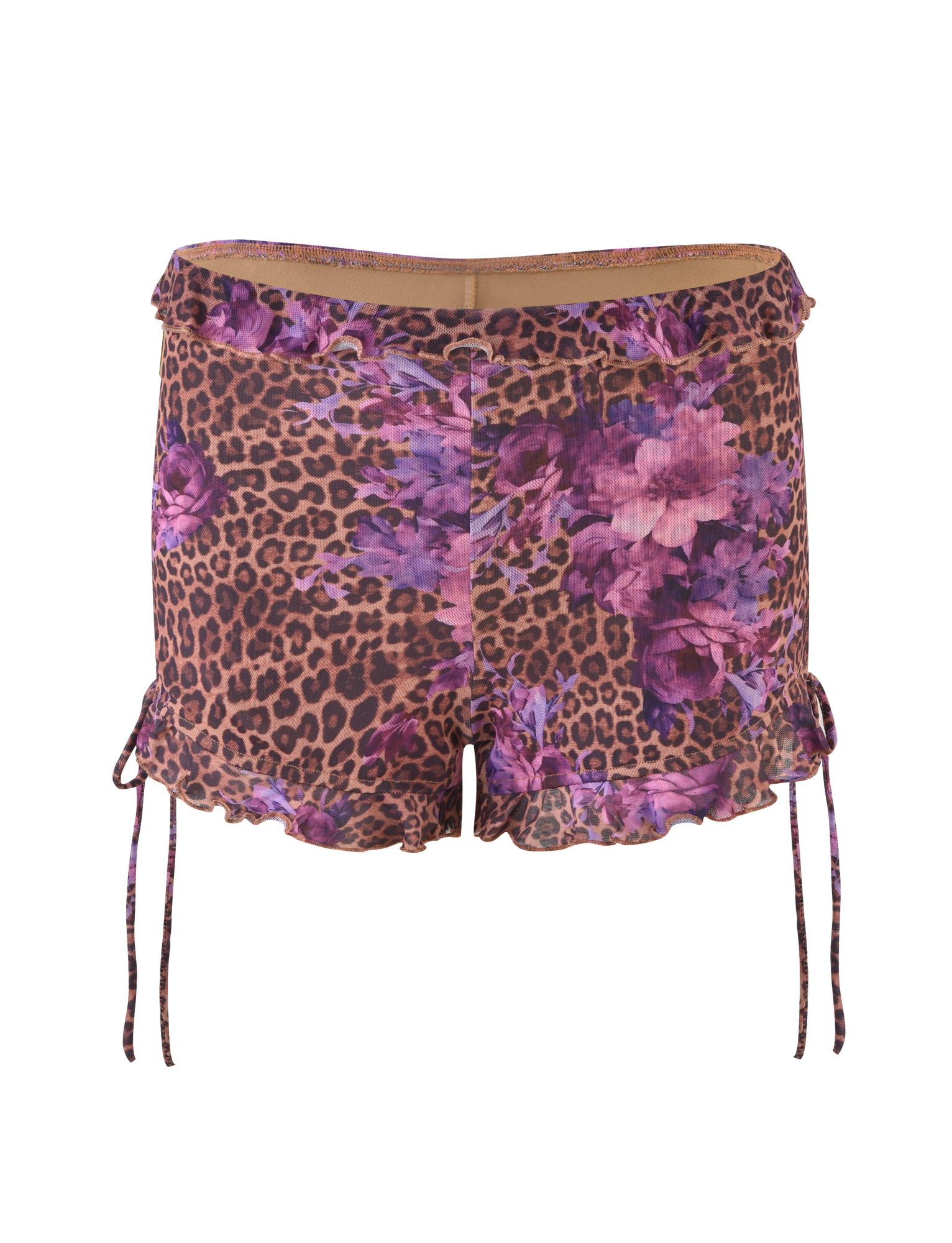 The TIGERMIST SIERA SHORT - LEOPARD FLORAL features a vibrant purple floral leopard print, ruffled hems, side ties, and a flattering bodycon fit, shown against a white background.