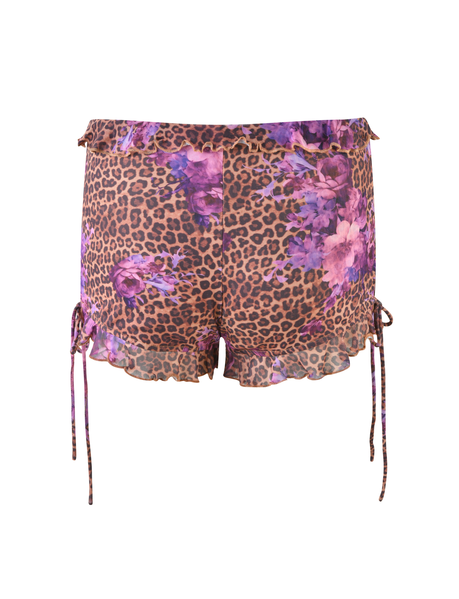 The TIGERMIST SIERA SHORT - LEOPARD FLORAL features a leopard print with purple floral accents, ruffled edges, and adjustable side drawstrings, shown against a white background.