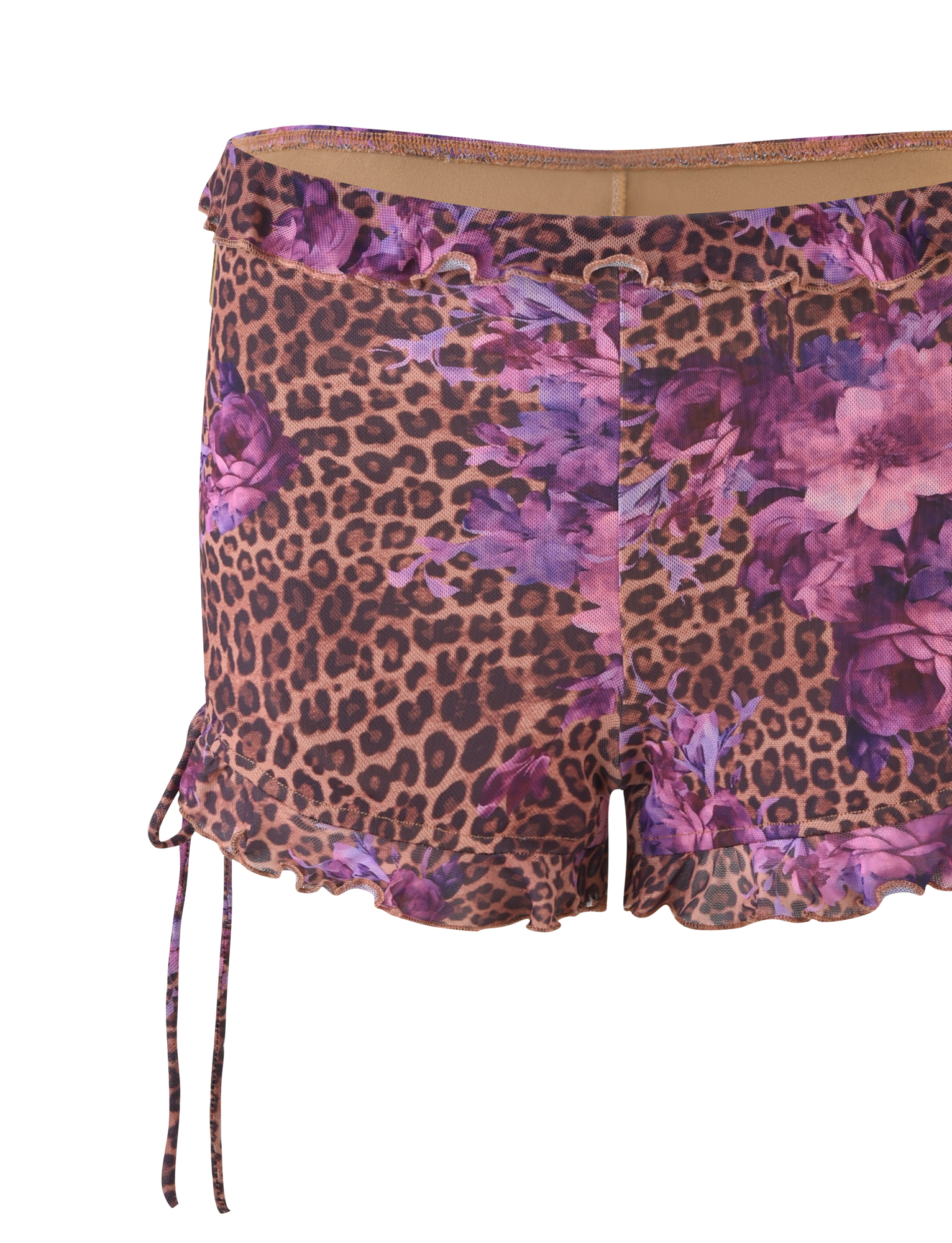 Close-up of TIGERMIST’s SIERA SHORT - LEOPARD FLORAL: bodycon leopard print shorts with purple and pink floral accents, featuring a ruffled hem and side tie for a flirty finish.