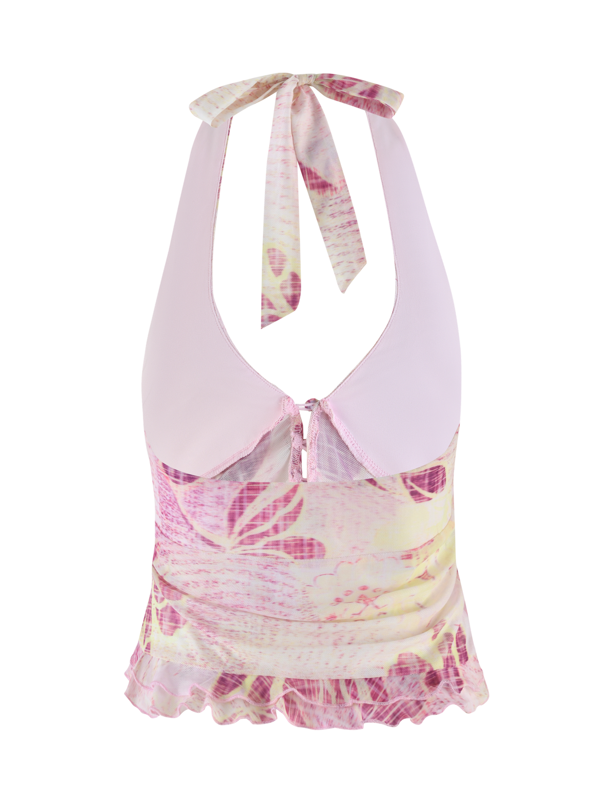 The DALILA TOP - GRUNGE FLORAL MAGENTA by TIGERMIST features a sleeveless halter design with a light pink collar, exclusive pink and yellow floral print, keyhole neckline with back ties, ruffled hem, and soft high-stretch semi-sheer fabric.