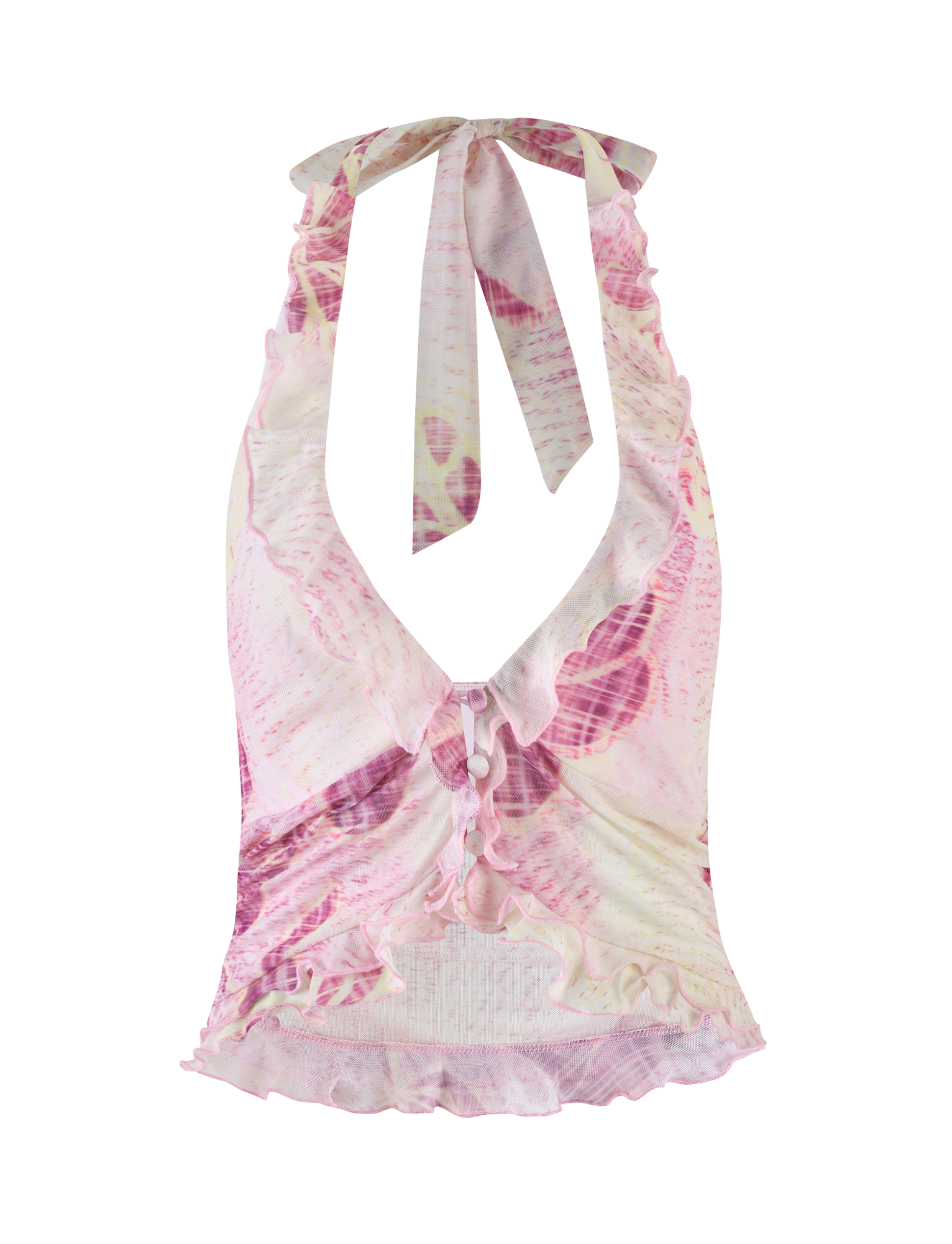 The DALILA TOP by TIGERMIST features a grunge floral magenta print, sleeveless halter design, deep V-neckline, front ruffle trim, gathered ruched center with decorative bows, and is crafted from high-stretch fabric for a flattering fit.