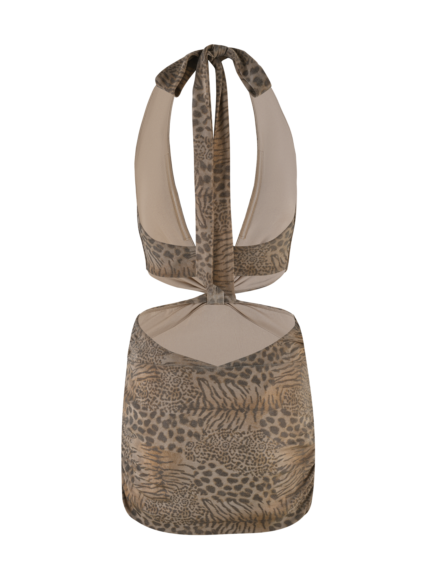 Back view of the EVANGELINE MINI DRESS by TIGERMIST in neutral tiger print, featuring a halter neckline, deep plunge, back cutout, and neck tie closure.
