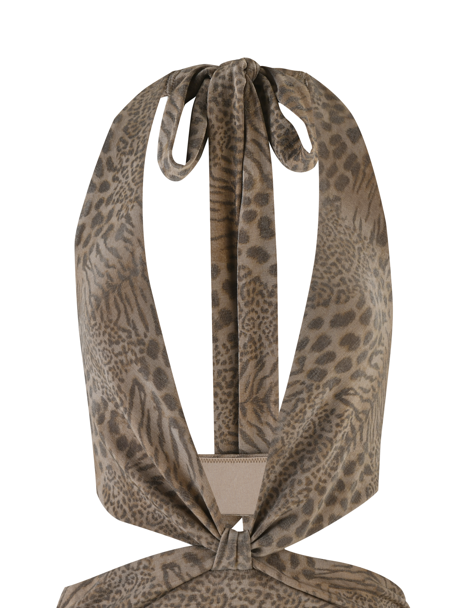 A back view of the TIGERMIST EVANGELINE MINI DRESS - NEUTRAL TIGER, featuring a halter neckline, neutral tiger print, open back, and ruched elastic bands at the neck and lower back for a subtle bodycon fit.