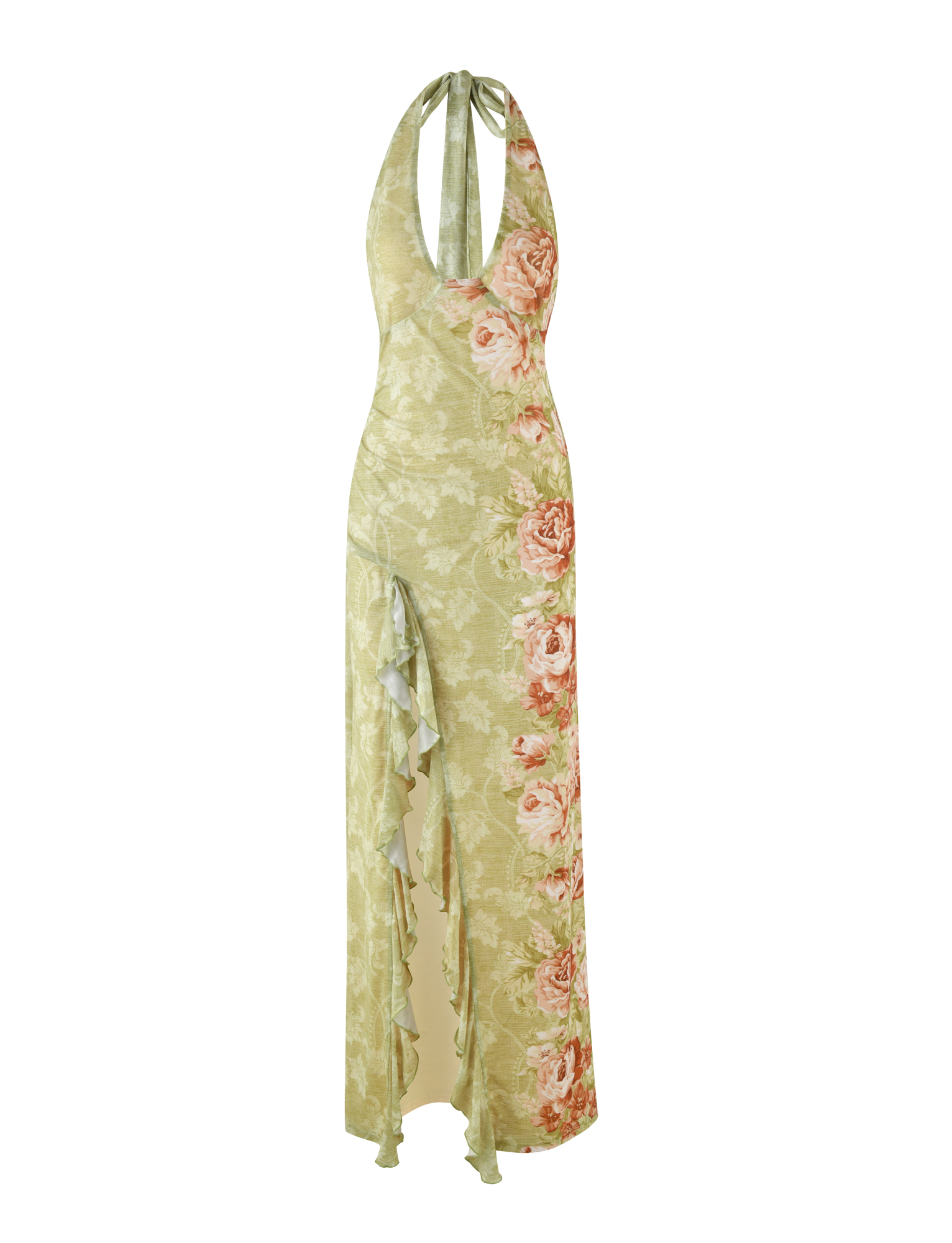 The TIGERMIST SIRENA MAXI DRESS is a long, sleeveless yellow halter neck dress with a rose stripe floral print, open back, ruffled high slit, and deep neckline.