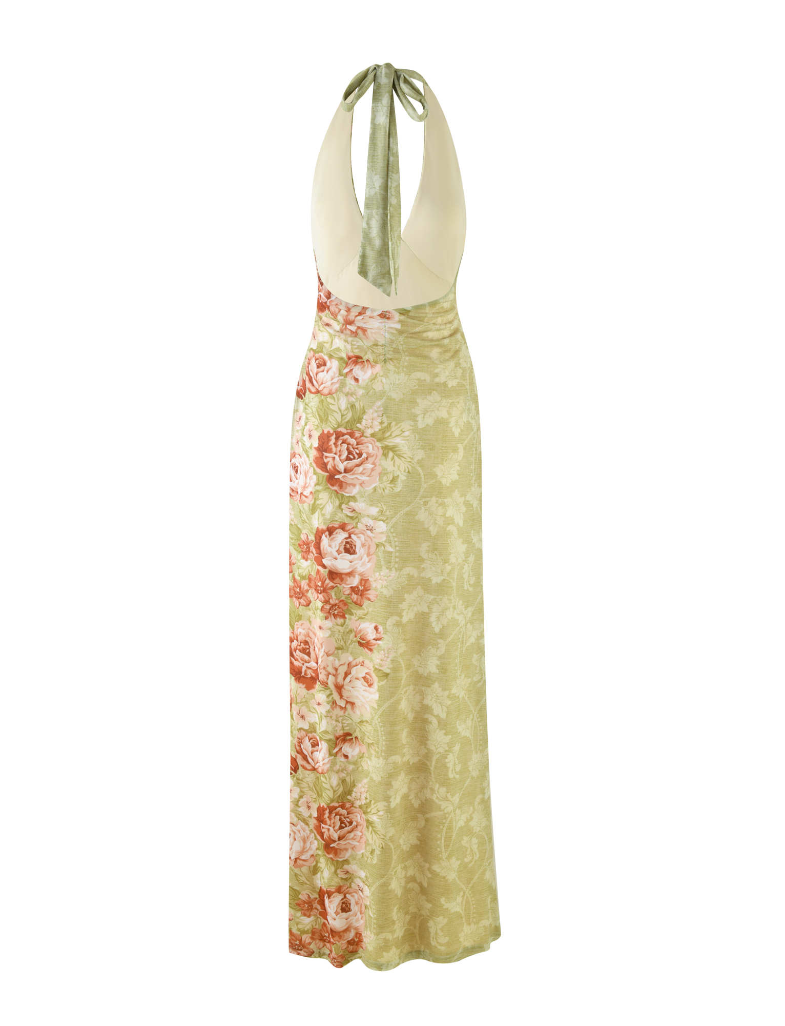 The TIGERMIST SIRENA MAXI DRESS is a sleeveless yellow dress with a floral rose stripe print, halter neck, deep V open back, and features large pink roses on the left and subtle leafy designs on the right.