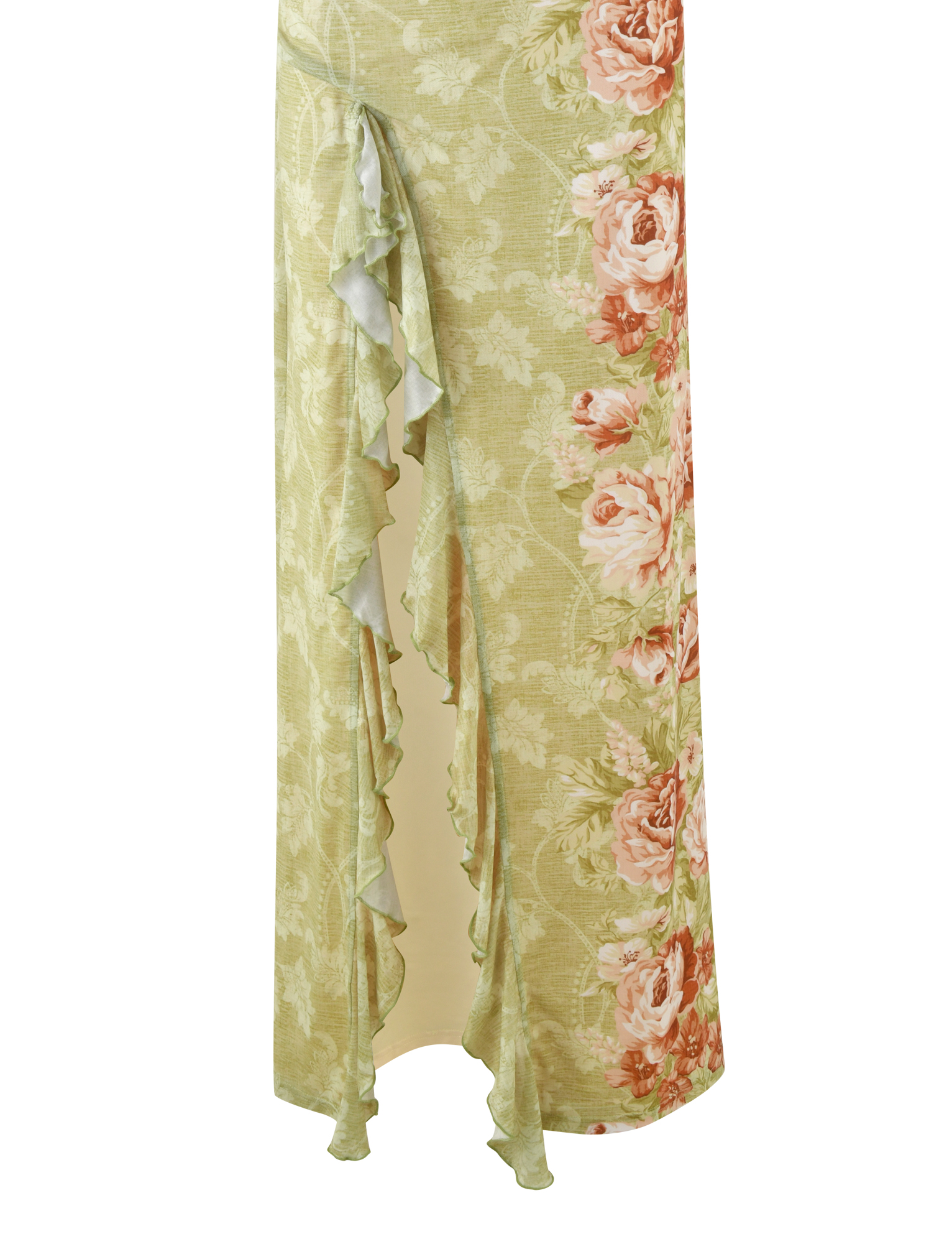 The TIGERMIST SIRENA MAXI DRESS features a yellow floral rose stripe print, light and long with a side slit and ruffle trim for an elegant touch.