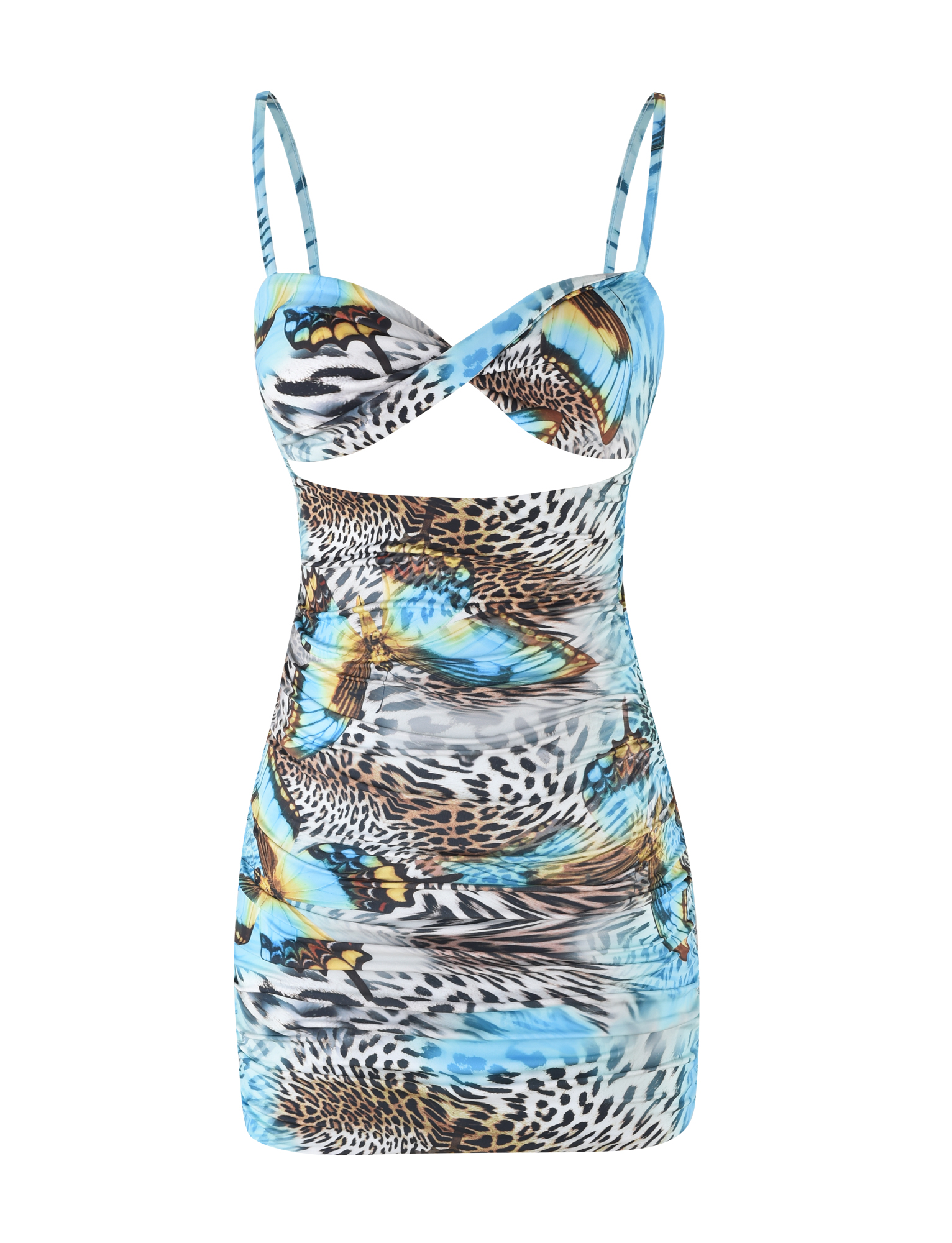 The TIGERMIST VERA MINI DRESS - MULTI : ANIMAL : BUTTERFLY ANIMAL is a sleeveless, bodycon mini dress with thin straps, blue butterfly and animal prints, and a cut-out under the bust, shown on a white background.