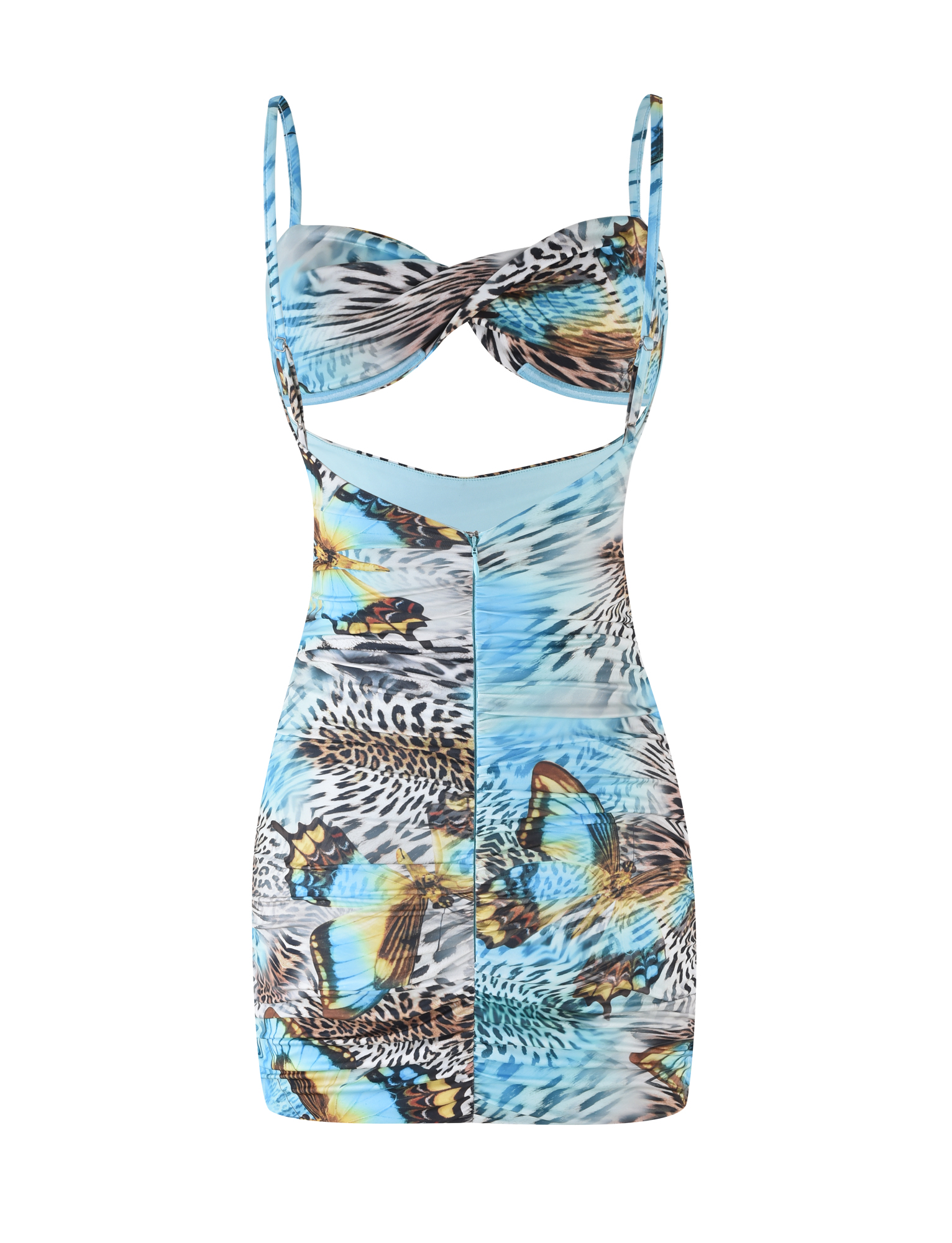The TIGERMIST VERA MINI DRESS - MULTI features a sleeveless bodycon fit, thin straps, a sweetheart neckline, front cutout below the bust, and blue, white, and brown animal and butterfly prints.