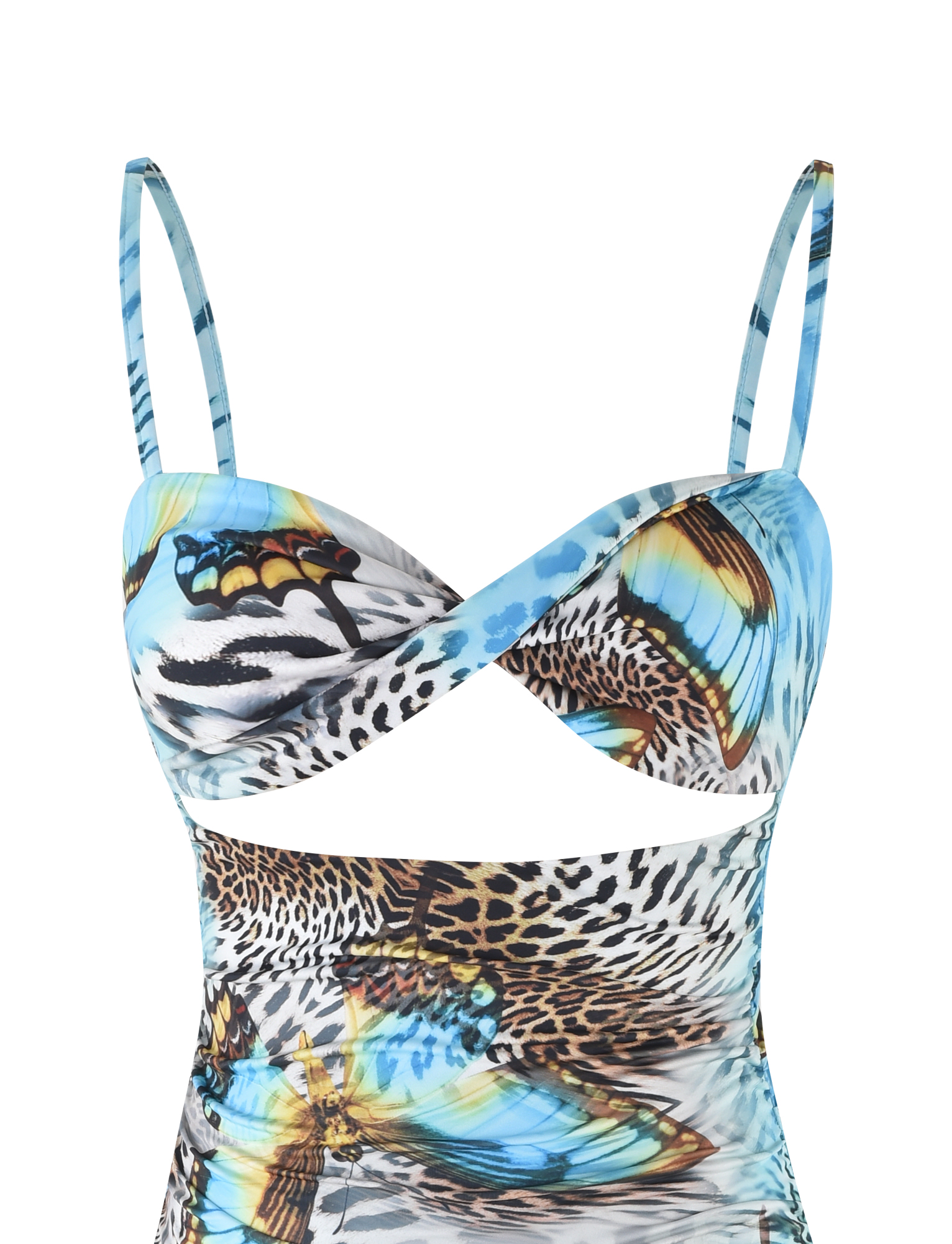 The VERA MINI DRESS by TIGERMIST features thin straps, a sweetheart neckline, and a bold blue butterfly and leopard print for an eye-catching look.