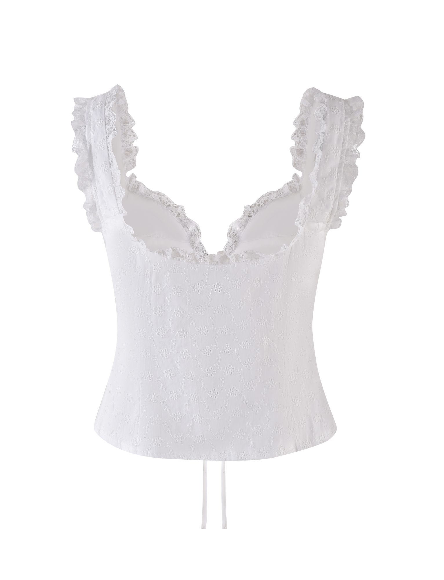 The KYANA TOP - WHITE by TIGERMIST is a feminine broderie camisole with a fitted bodice, lace-trimmed ruffled straps, delicate eyelet embroidery, and a softly curved sweetheart neckline.