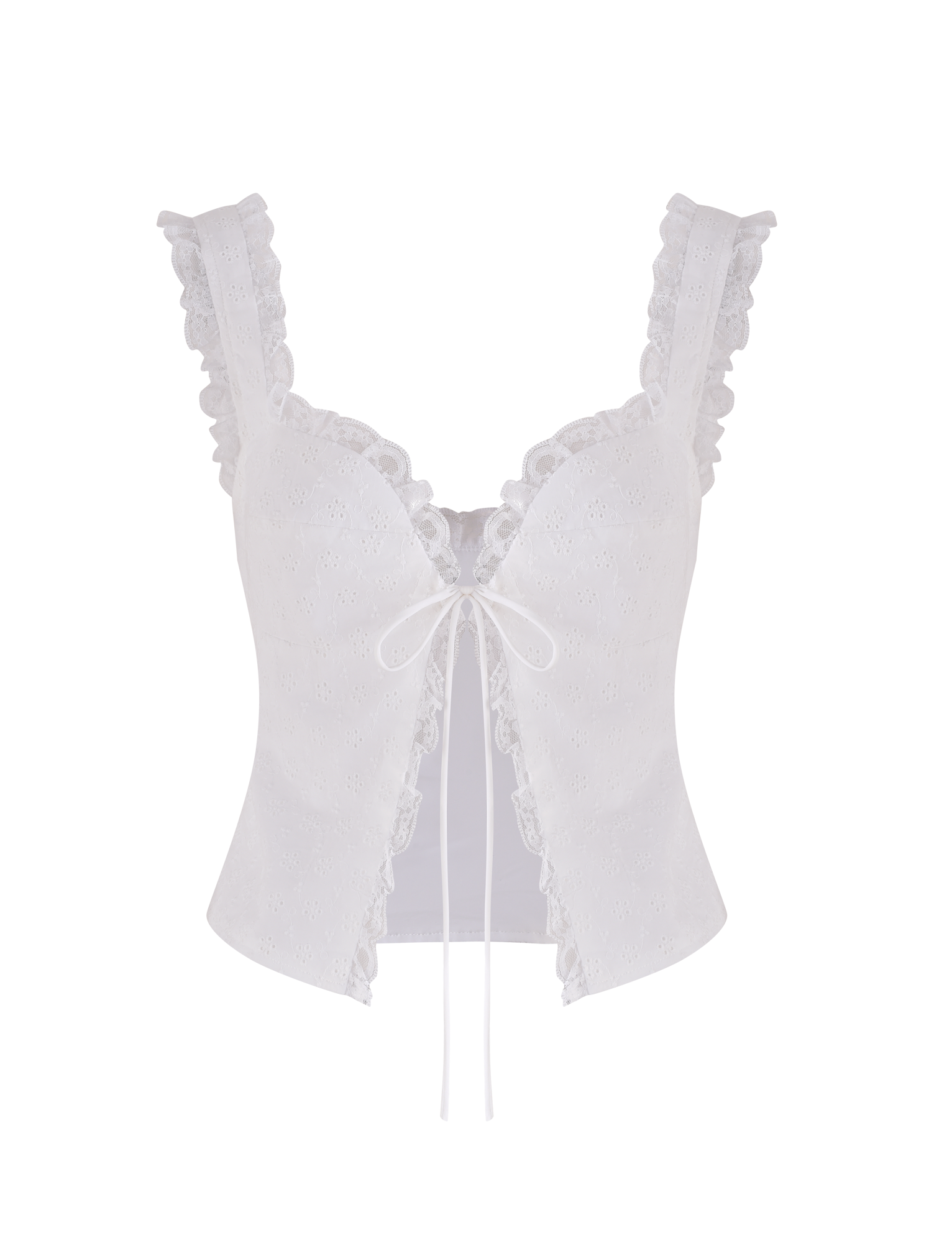 The KYANA TOP - WHITE by TIGERMIST is a white broderie crop top featuring a sweetheart bust, delicate lace trim, eyelet fabric, scalloped edges, wide straps, and a front ribbon tie.