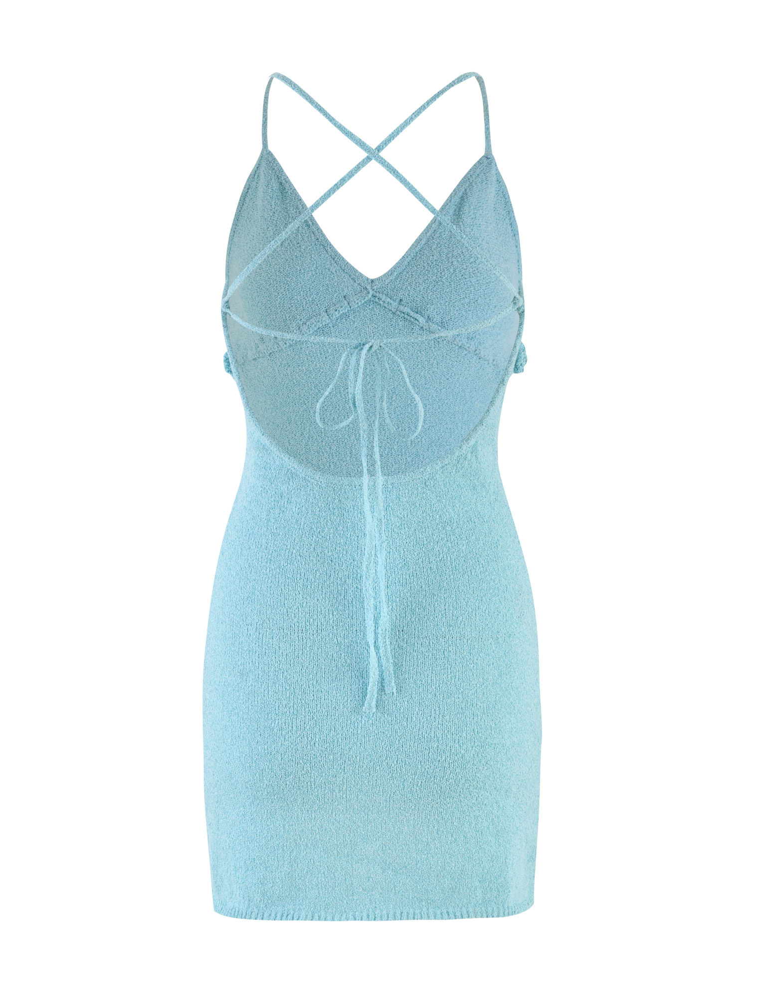The LAVELLE MINI DRESS by TIGERMIST is a light blue, sleeveless mini dress with a bodycon fit, crisscross spaghetti straps, low open back with tie details, and soft textured knit fabric.