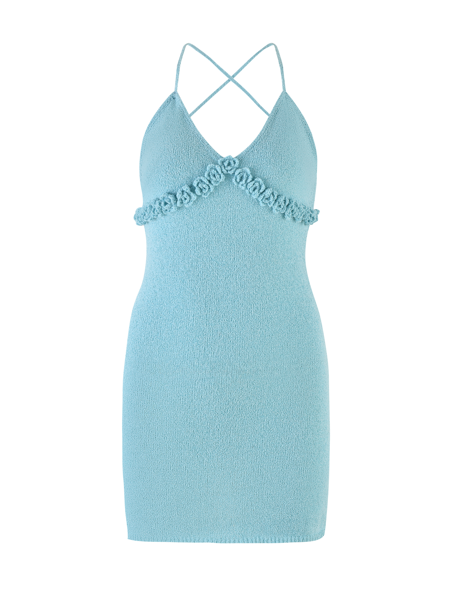 The TIGERMIST LAVELLE MINI DRESS - BLUE is a light blue, sleeveless bodycon mini with a deep V-neck, crisscross back straps, floral embellishments under the bust, and a textured knit for a playful yet chic backless style.