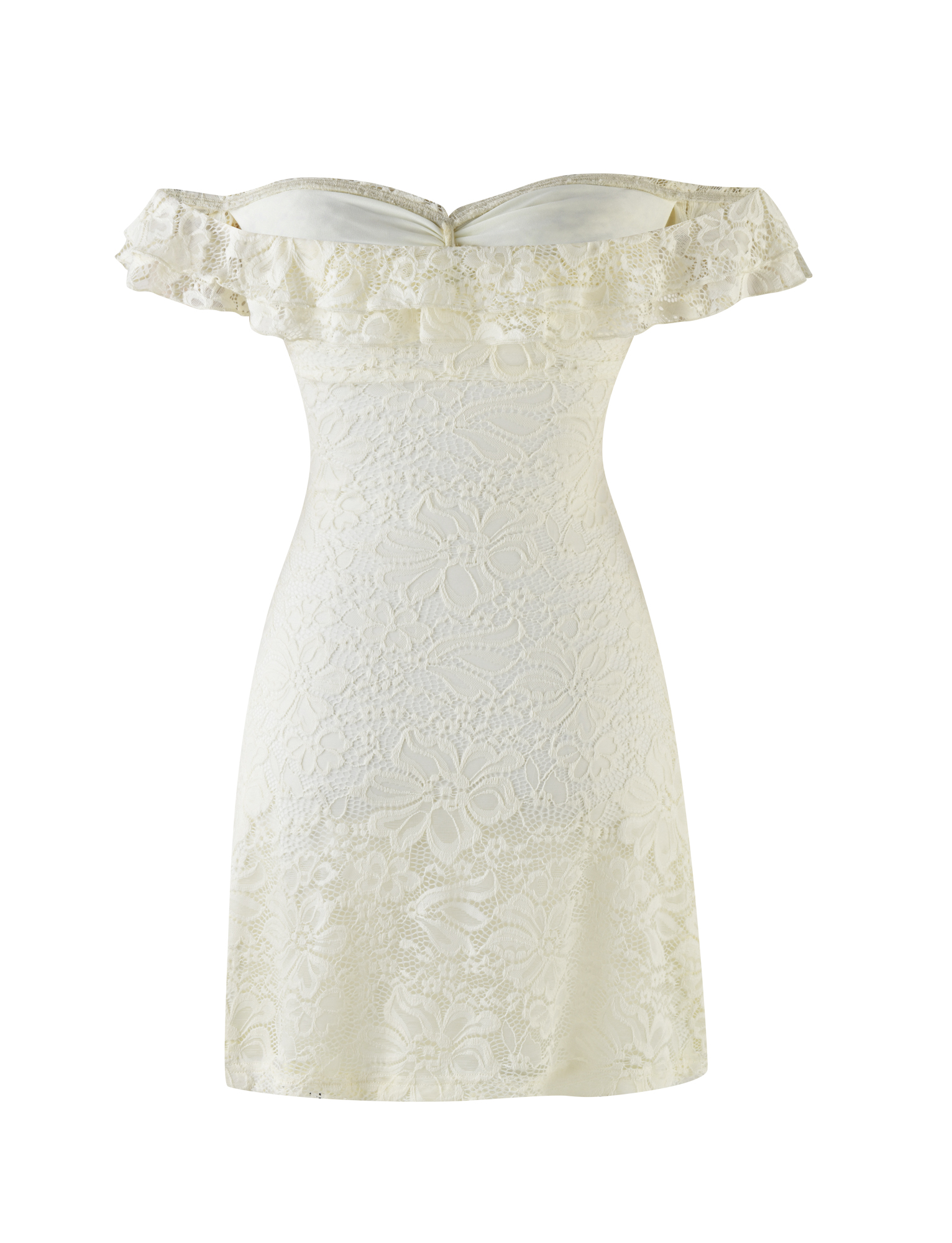 The DENALI LACE MINI DRESS by TIGERMIST features cream floral lace, an off-shoulder design, fitted silhouette, and ruffled trim at the neckline and sleeves for a delicate, elegant look.
