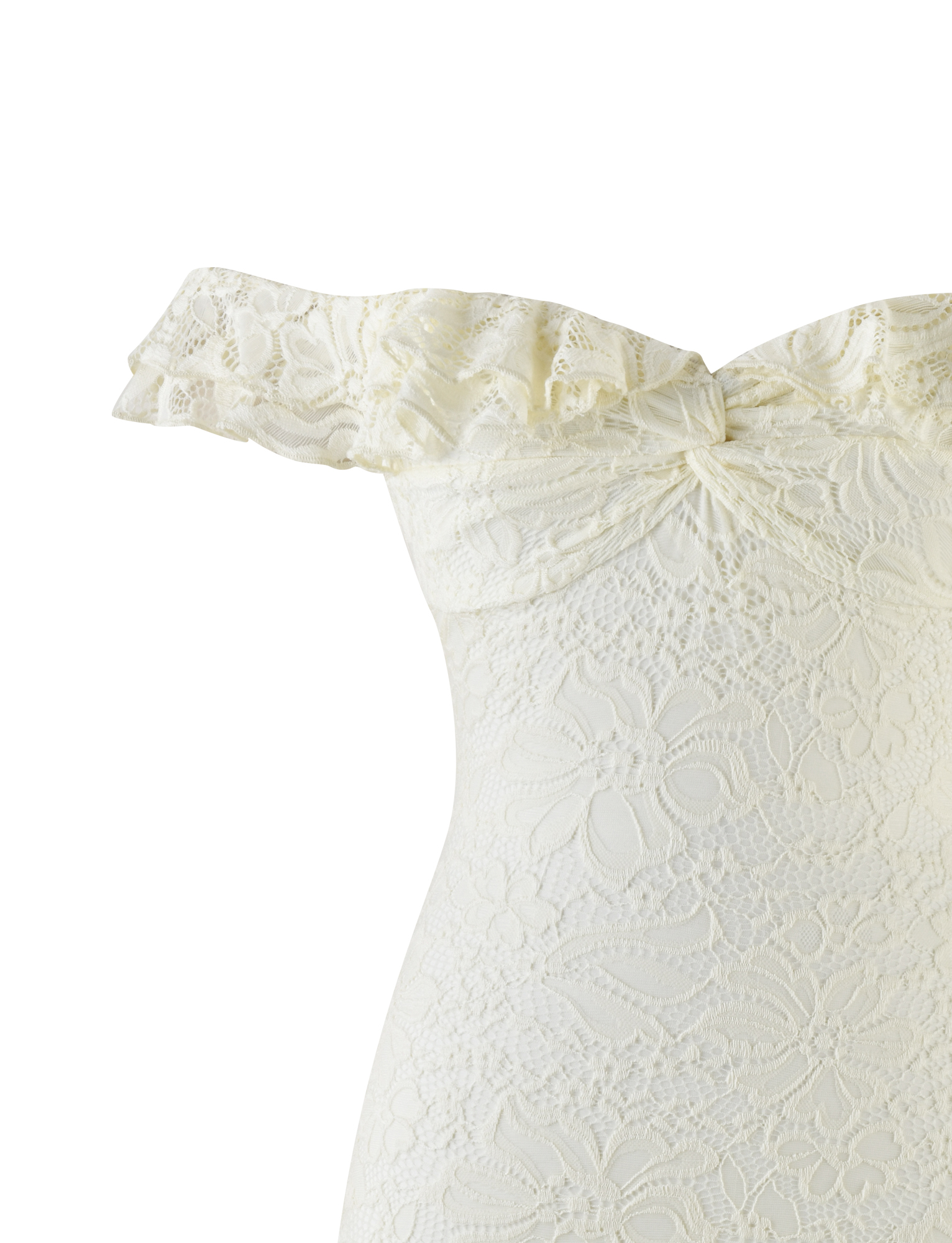 Close-up of the DENALI LACE MINI DRESS by TIGERMIST in cream lace, featuring a fitted off-shoulder silhouette, floral pattern, and ruffled neckline detail.