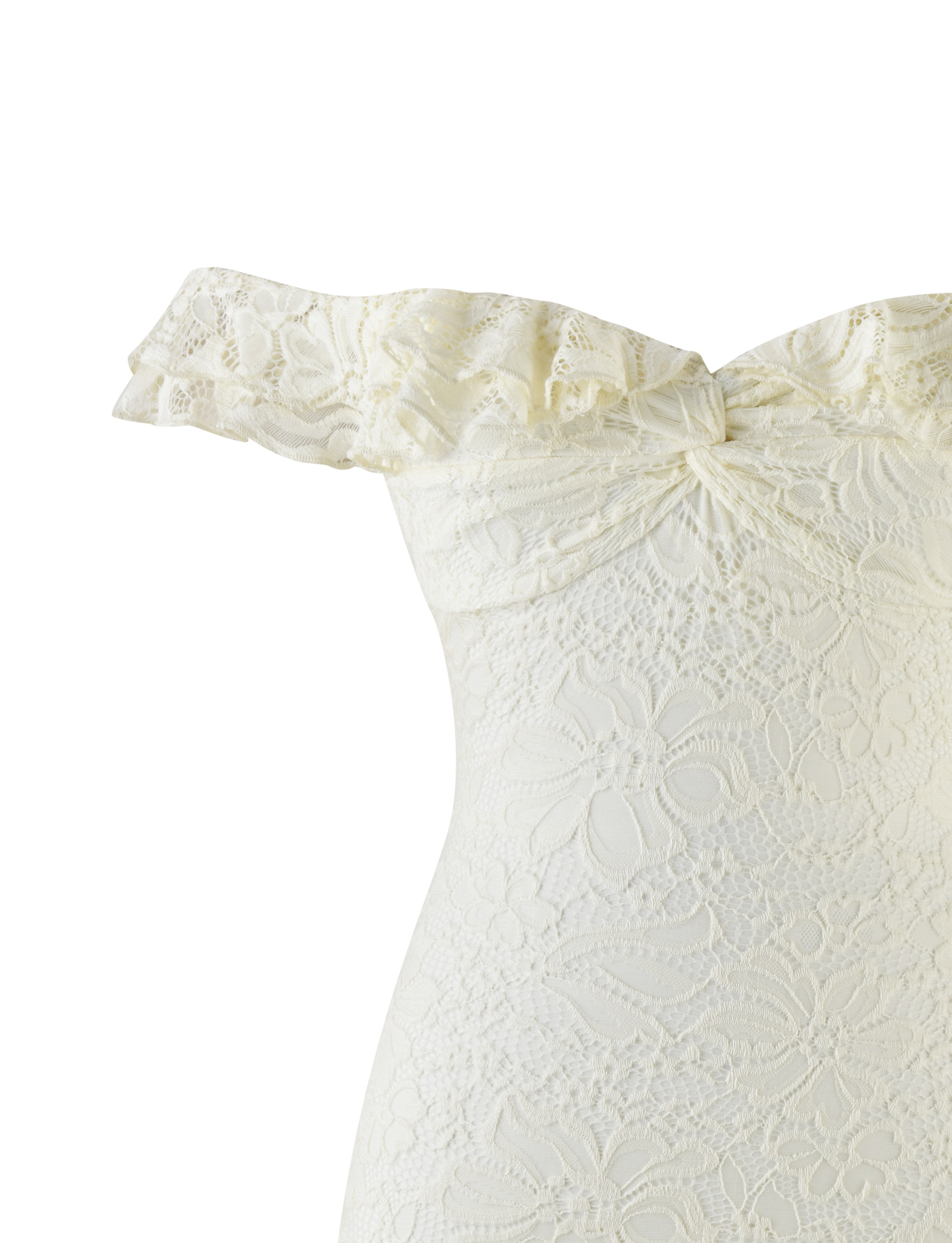 Close-up of the DENALI LACE MINI DRESS by TIGERMIST in cream lace, featuring a fitted off-shoulder silhouette, floral pattern, and ruffled neckline detail.