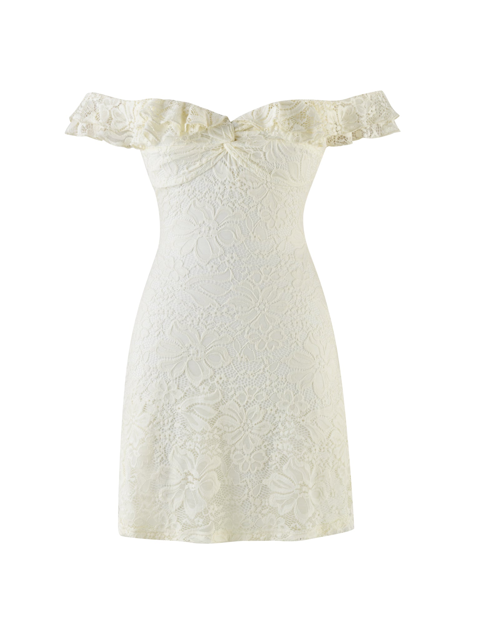 The DENALI LACE MINI DRESS by TIGERMIST showcases a chic off-shoulder design with a ruffled neckline, fitted silhouette, and delicate floral cream lace, displayed on a plain white background.