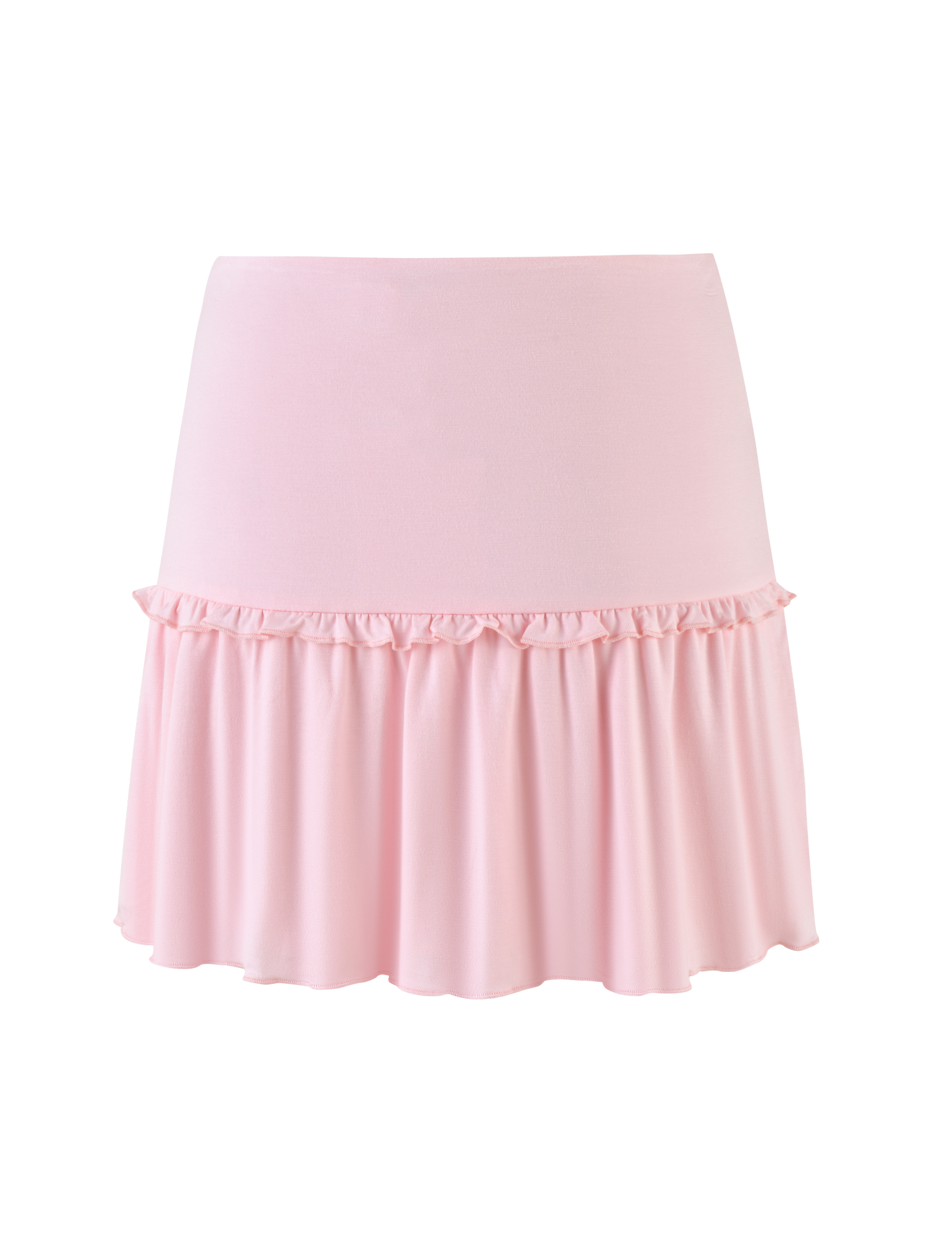 The KATYA MINI SKIRT by TIGERMIST is a pale pink mini skirt with a high waist and ruffled hem, crafted from soft, smooth jersey fabric.