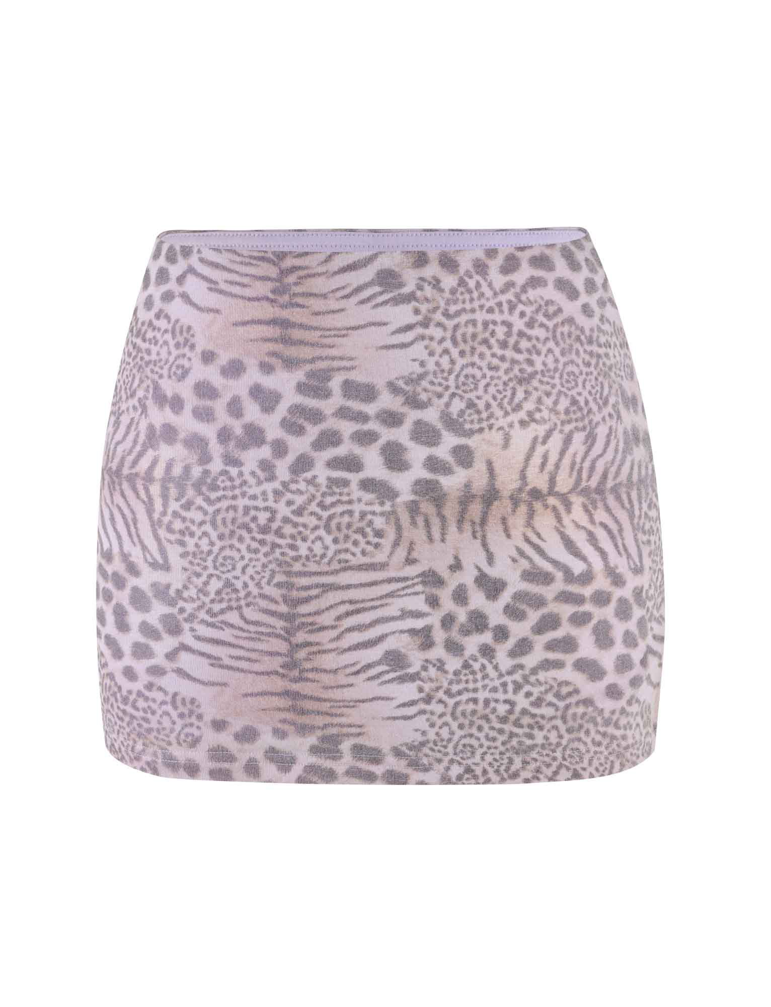 The EVANGELINE SKIRT by TIGERMIST features a bodycon mini fit in pale pink tiger print with subtle animal patterns, showcased against a white background.