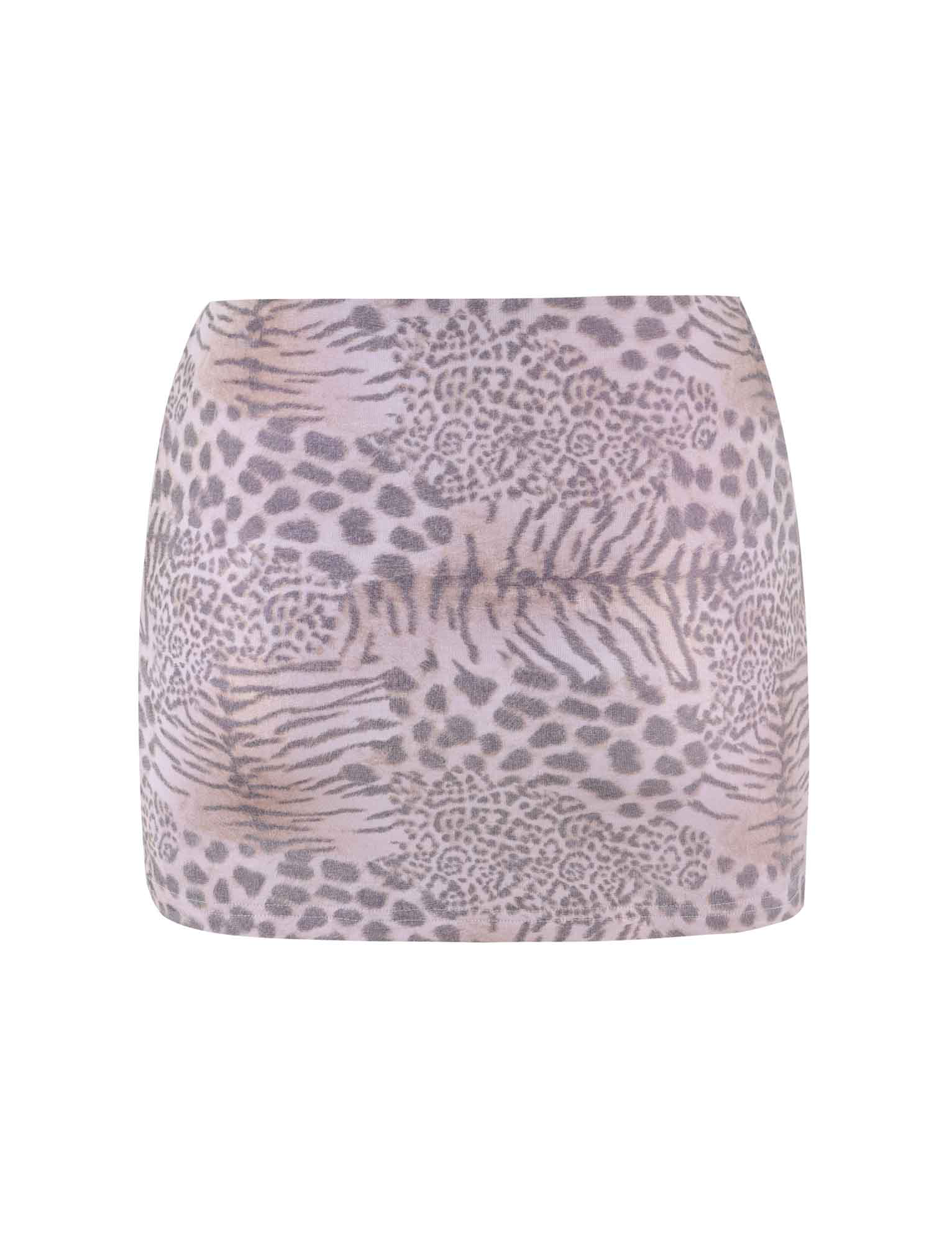 The TIGERMIST EVANGELINE SKIRT - PINK features a high-waisted bodycon fit in pale pink with a tiger stripe print, shown on a white background.