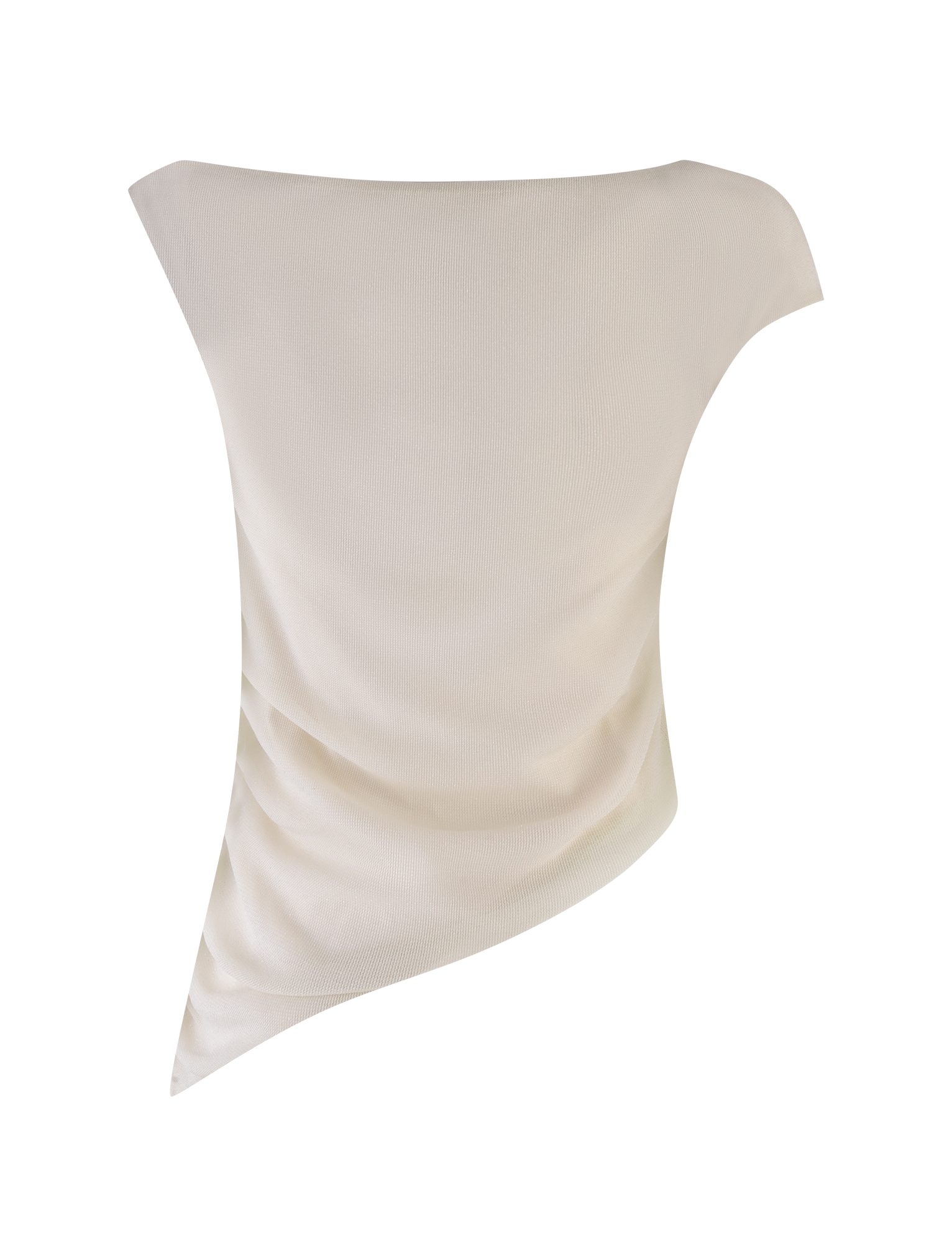 The COBI TANK - WHITE : CREAM by TIGERMIST is a white, sheer shimmer jersey asymmetrical top with one exposed shoulder and soft draping, shown on a mannequin against a white background.