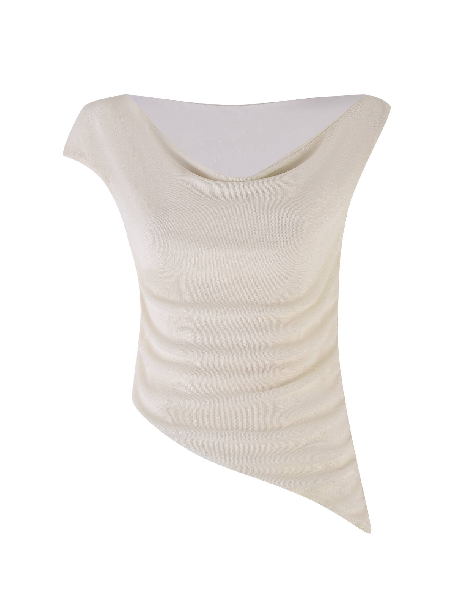 The TIGERMIST COBI TANK - WHITE : CREAM is a sleeveless shimmer jersey top with a draped neckline and an asymmetric pointed hem, shown on a white background.
