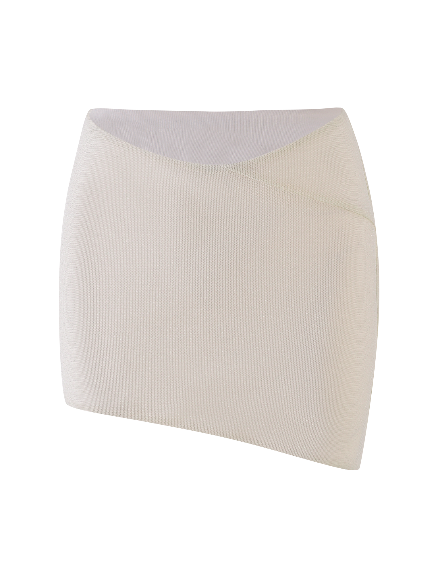 The TIGERMIST COBI SKIRT - WHITE : CREAM is a ribbed, asymmetrical mini skirt with a diagonal waistband in shimmer jersey, shown on a plain white background.