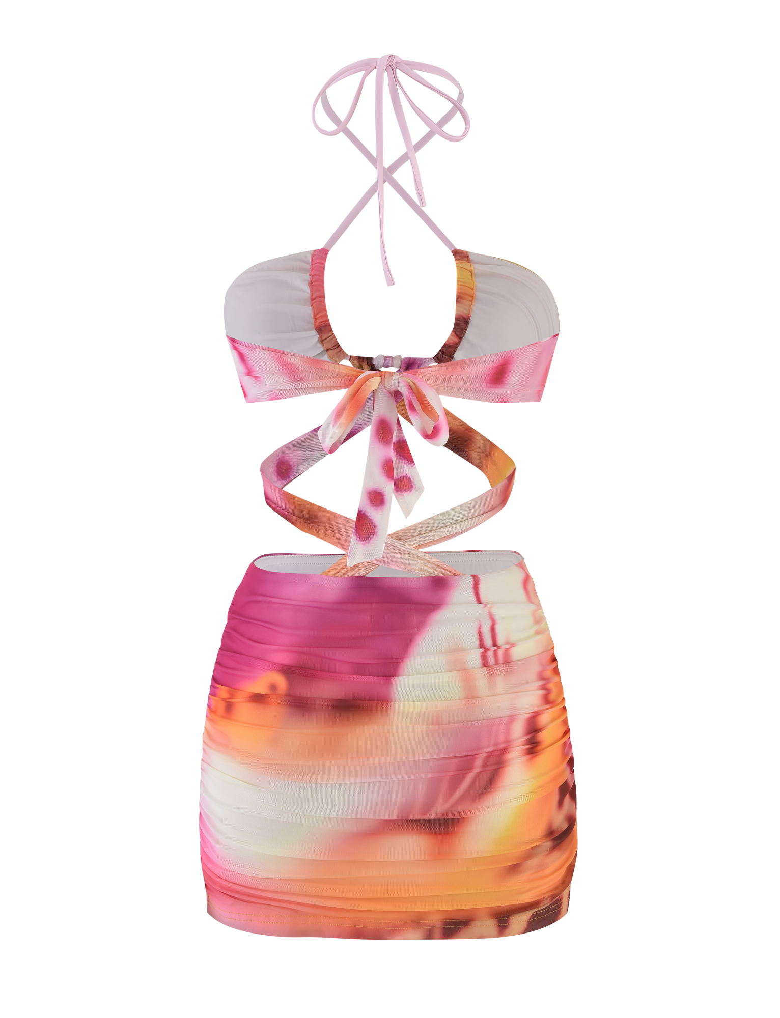 The ZARIAH MINI DRESS - MACRO ORCHID by TIGERMIST is a vibrant mesh mini with pink, orange, and white abstract patterns, a cut-out front, crisscross ties, bodycon fit, and ruched fabric for a flattering silhouette.