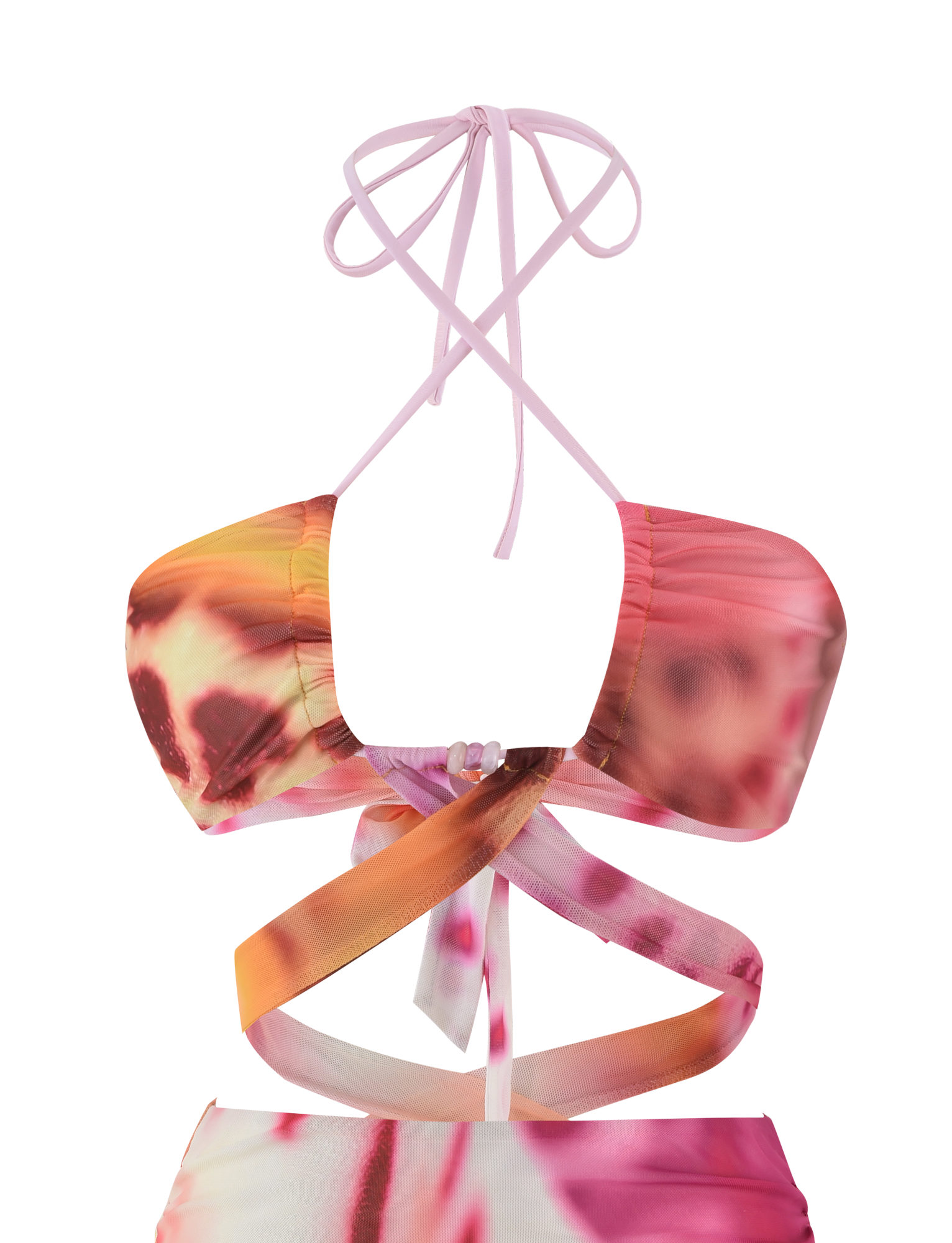 A close-up of the TIGERMIST ZARIAH MINI DRESS in MACRO ORCHID, featuring a vibrant pink, orange, and purple floral print with crisscross straps wrapping around the neck and torso.