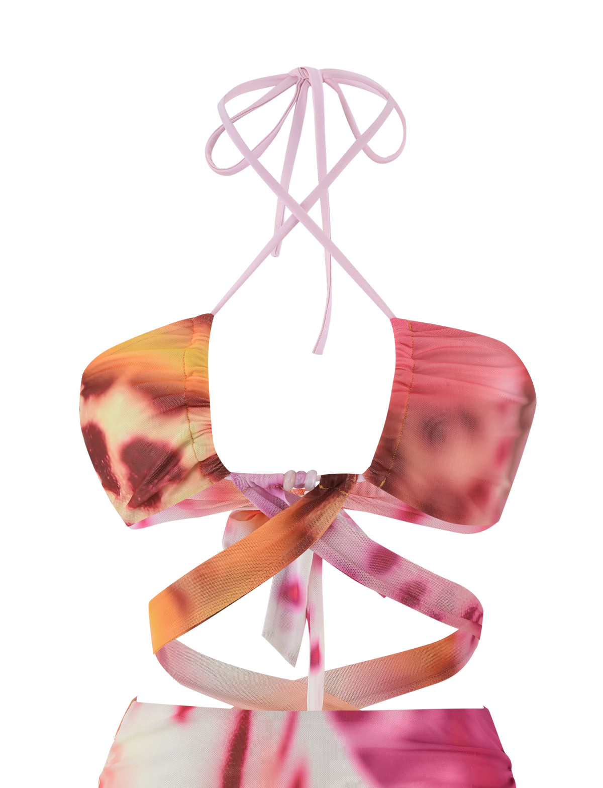 A close-up of the TIGERMIST ZARIAH MINI DRESS in MACRO ORCHID, featuring a vibrant pink, orange, and purple floral print with crisscross straps wrapping around the neck and torso.